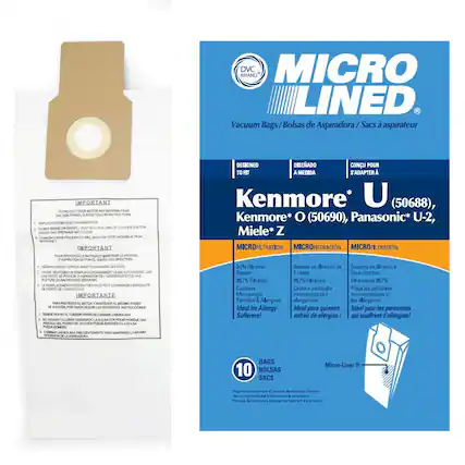 **BRAND DVC MICRO LINED**
**Vacuum Bags / Bolsas de Aspiradora / Sacs à aspirateur**
**IMPORTANT**
1. **UNPLUG BEFORE CHANGING BAGS.**
2. **DO NOT REUSE OR OVERFILL BAGS AS LOSS OF CLEANER SUCTION.**
3. **CHANGING BAGS FREQUENTLY WILL MAINTAIN YOUR VACUUM AT PEAK EFFICIENCY.**
**IMPORTANT**
1. **DESHORAR EL CORDÓN ANTES DE CAMBIAR LAS BOLSAS.**
2. **NO REUTILICE LAS BOLSAS.**
3. **CAMBIE LAS BOLSAS FRECUENTEMENTE PARA MANTENER LA MÁXIMA EFICIENCIA.**
**IMPORTANT**
1. **DESHORAR LE CORDON AVANT DE CHANGER LES BOLSAS.**
2. **NE PAS REUTILISER LES BOLSAS.**
3. **CHANGER LES BOLSAS FRÉQUENTEMENT POUR MAINTENIR LA MÁXIMA EFFICACITE.**
**DESIGNED TO FIT**
**Kenmore* U (50688),
