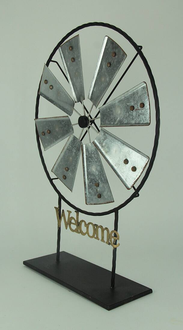 Alt View 1. Direct International - Black and Silver Metal Spinning Windmill Welcome Sign Sculpture - Black.