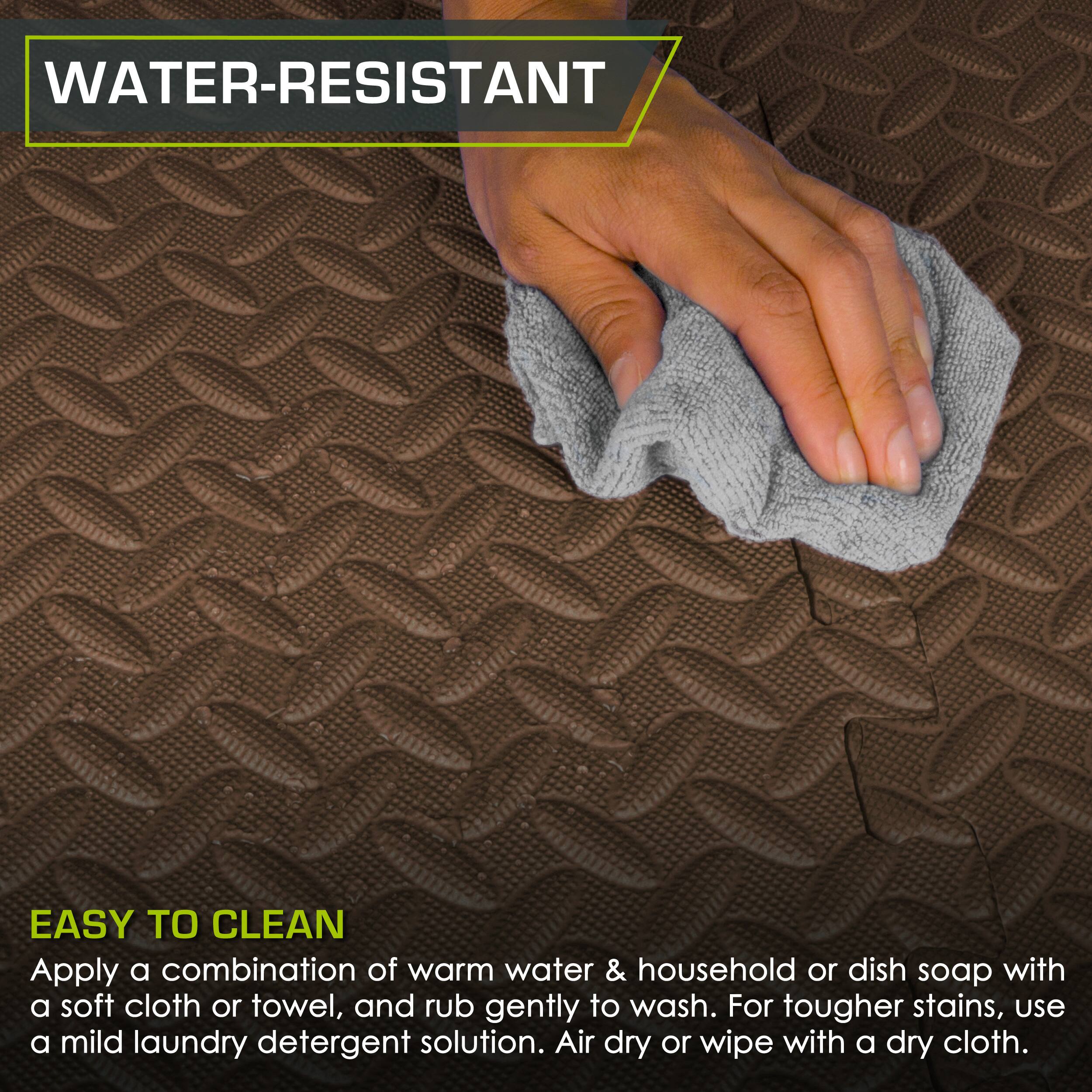 **WATER-RESISTANT**

**EASY TO CLEAN**

Apply a combination of warm water & household or dish soap with a soft cloth or towel, and rub gently to wash. For tougher stains, use a mild laundry detergent solution. Air dry or wipe with a dry cloth.