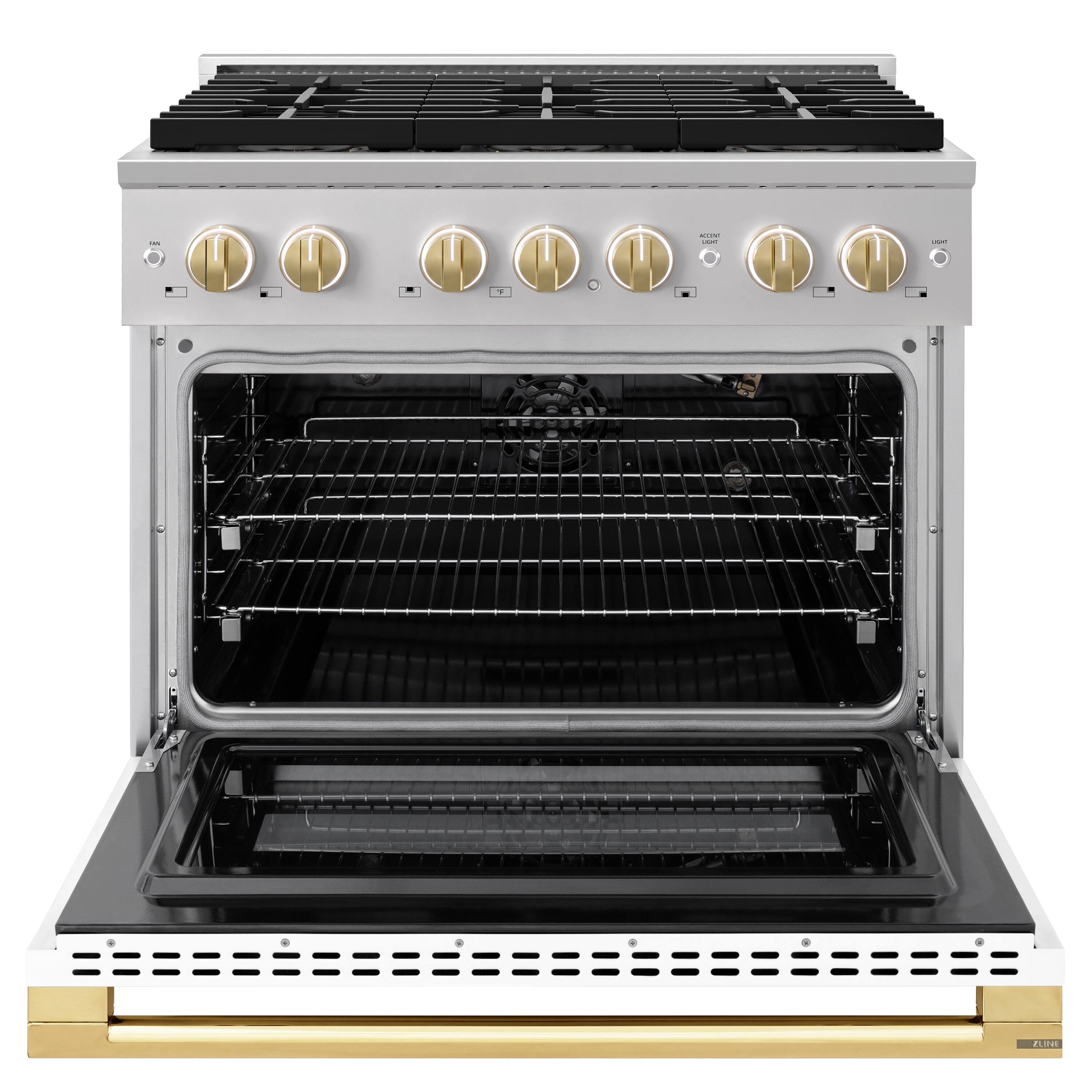 Angle. ZLINE - Autograph 36 in. 5.2 cu. ft. Manual Clean Marino Freestanding DuoPro Gas Range w/ White Matte Door and Gold Accents - White Matte.