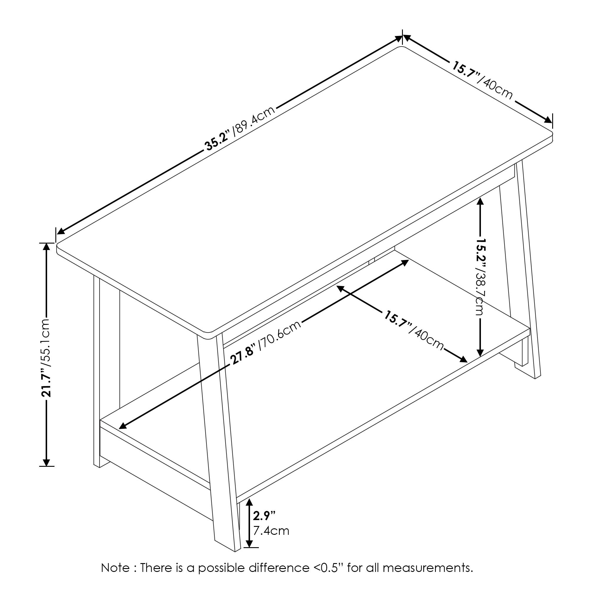 - 35.2" / 89.4 cm
- 15.7" / 40 cm
- 21.7" / 55.1 cm
- 15.2" / 38.7 cm
- 27.8" / 70.6 cm
- 2.9" / 7.4 cm

Note: There is a possible difference <0.5" for all measurements.