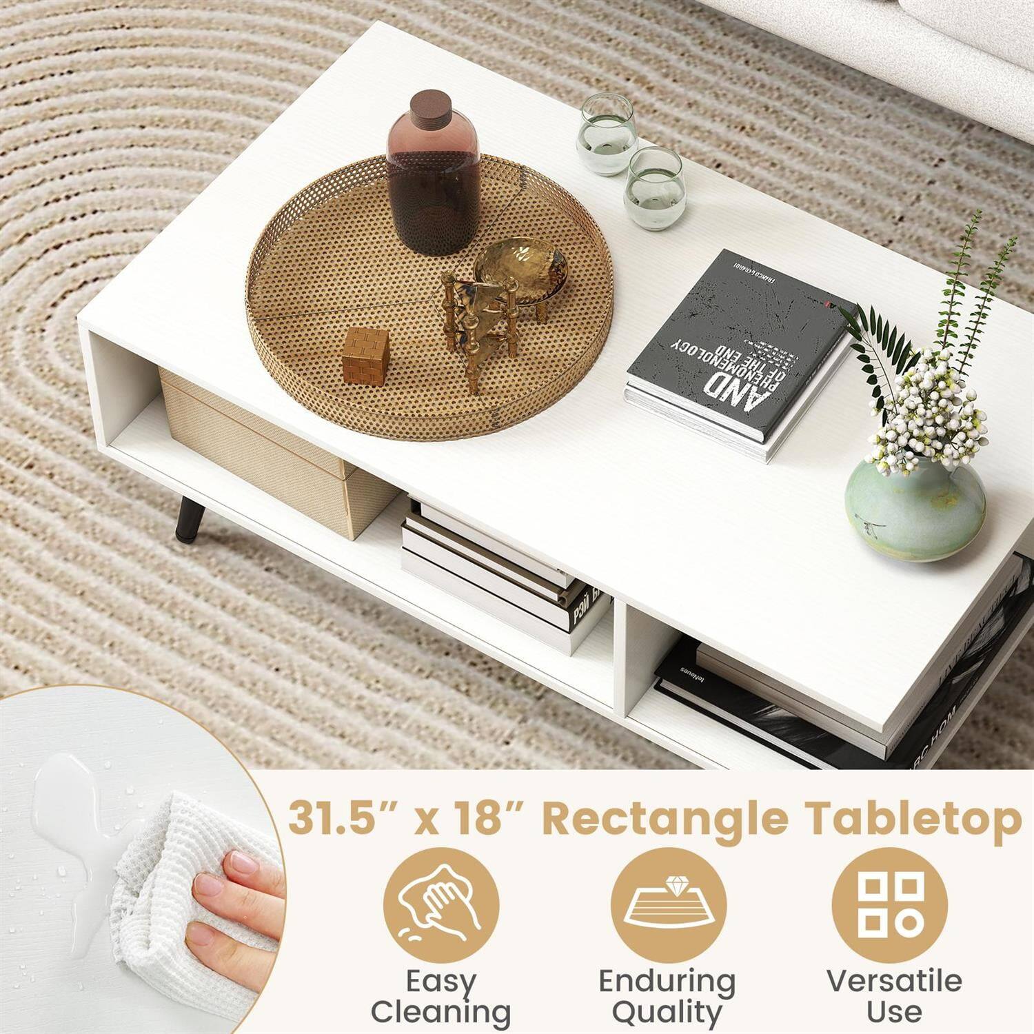 31.5" x 18" Rectangle Tabletop  
Easy Cleaning  
Enduring Quality  
Versatile Use