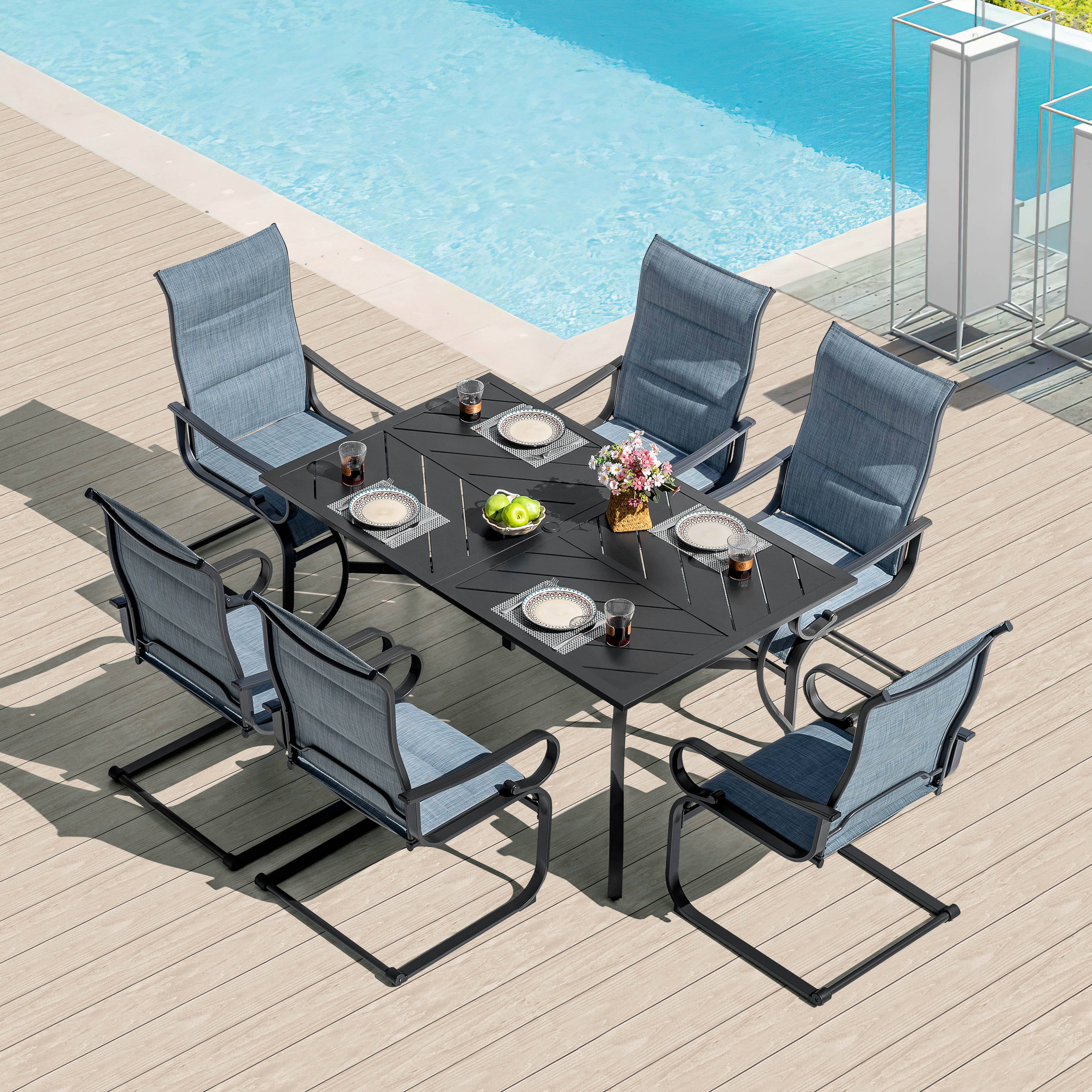 Alt View 1. Nuu Garden - Outdoor 7-Piece Padded Textilene Metal Dining Set with Umbrella Hole - Black and Blue.