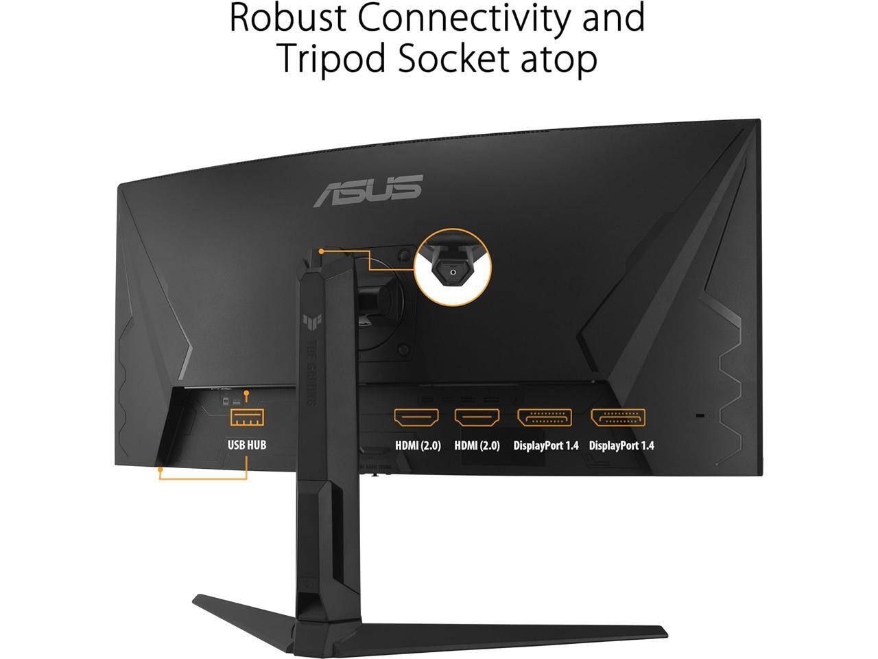 Robust Connectivity and Tripod Socket atop Asus 1 GAMING USB HUB HDMI (2.0) HDMI (2.0) DisplayPort 1.4 DisplayPort 1.4