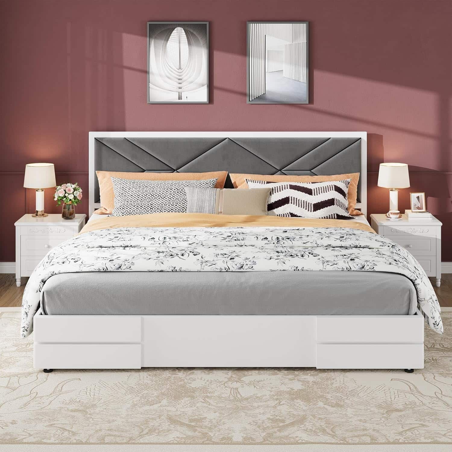 GARVEE - Queen Upholstered Bed Frame with Wooden Slats, Comfortable & No Box Spring Needed - White
