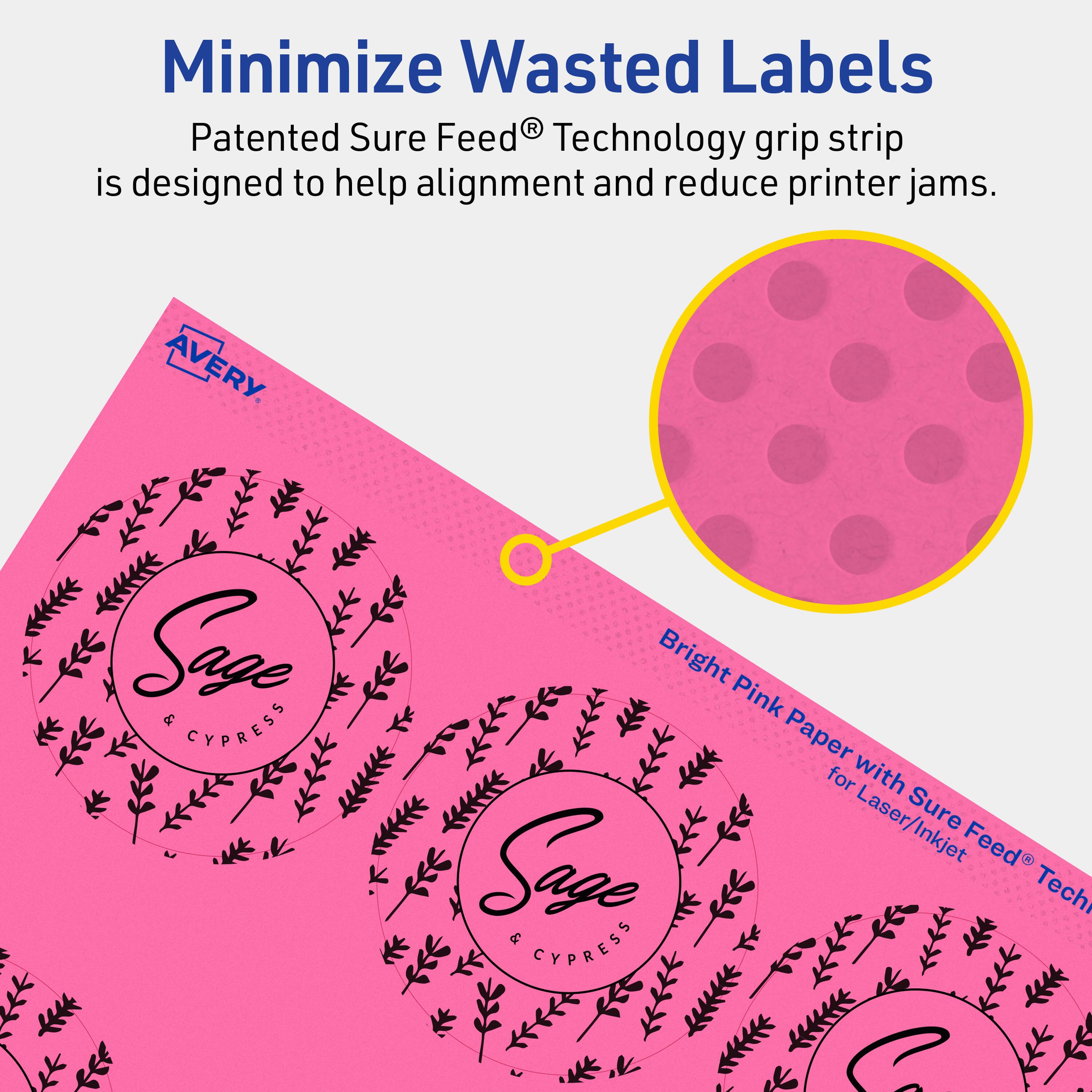 Minimize Wasted Labels

Patented Sure Feed® Technology grip strip is designed to help alignment and reduce printer jams.

AVERY Sage & CYPRESS Bright Pink Paper for Laser/Inkjet Sure Feed® Technology