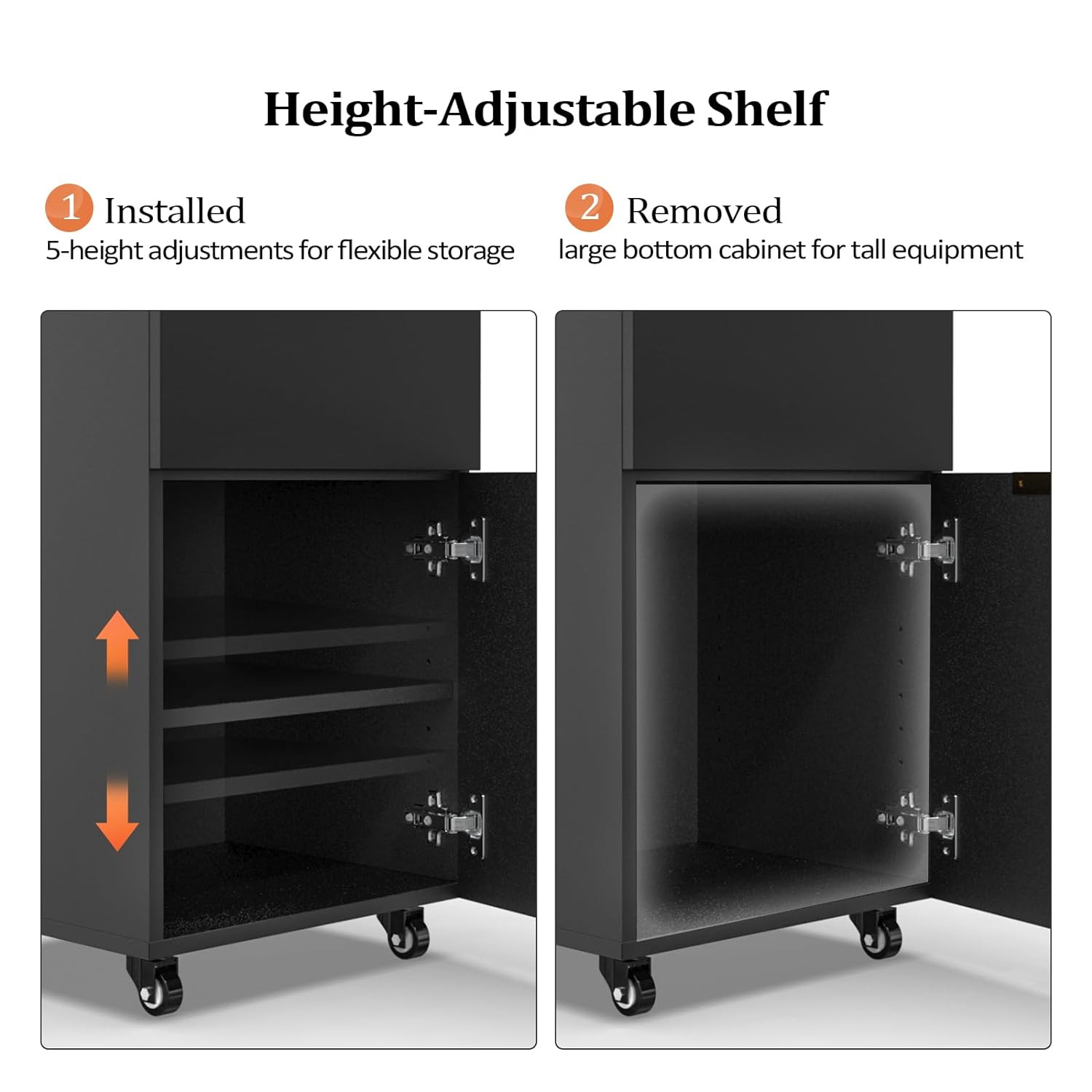 Height-Adjustable Shelf

1. Installed  
5-height adjustments for flexible storage

2. Removed  
large bottom cabinet for tall equipment
