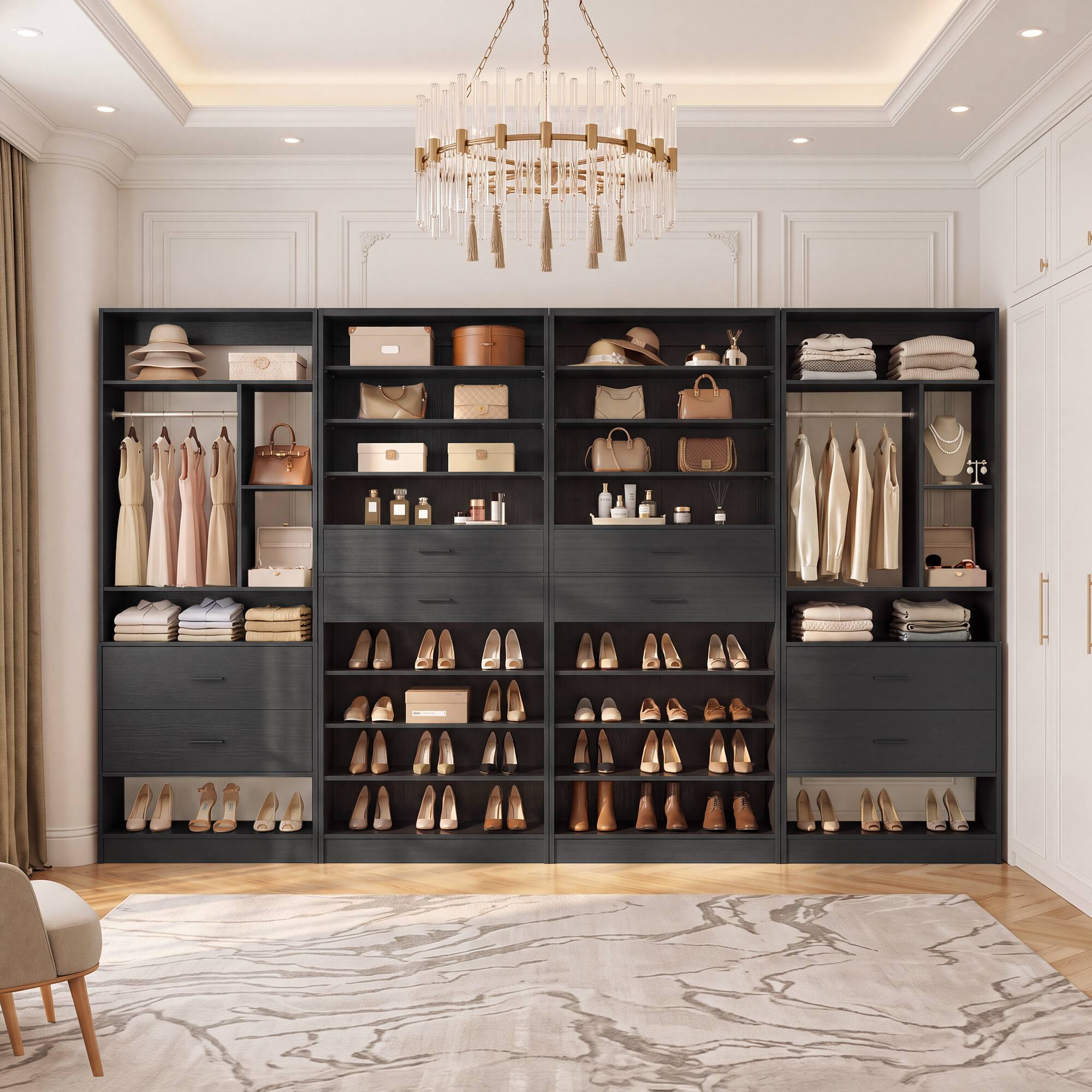 Left. Aheaplus - Dual-Use Organizer Set: 10-Tier Shoe Cabinet with Drawers + 24" Closet System – Maximize Space in Any Room - Black.