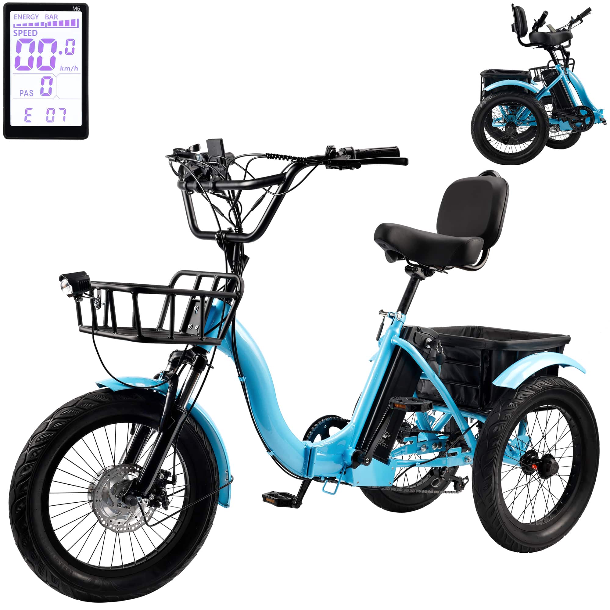 Topteng - ​​18" 7-Speed Electric Tricycle with 48V Battery, 350W(525W Peak) Motor, 19 Mph,28 Miles, IPX7 Waterproof Display - Blue