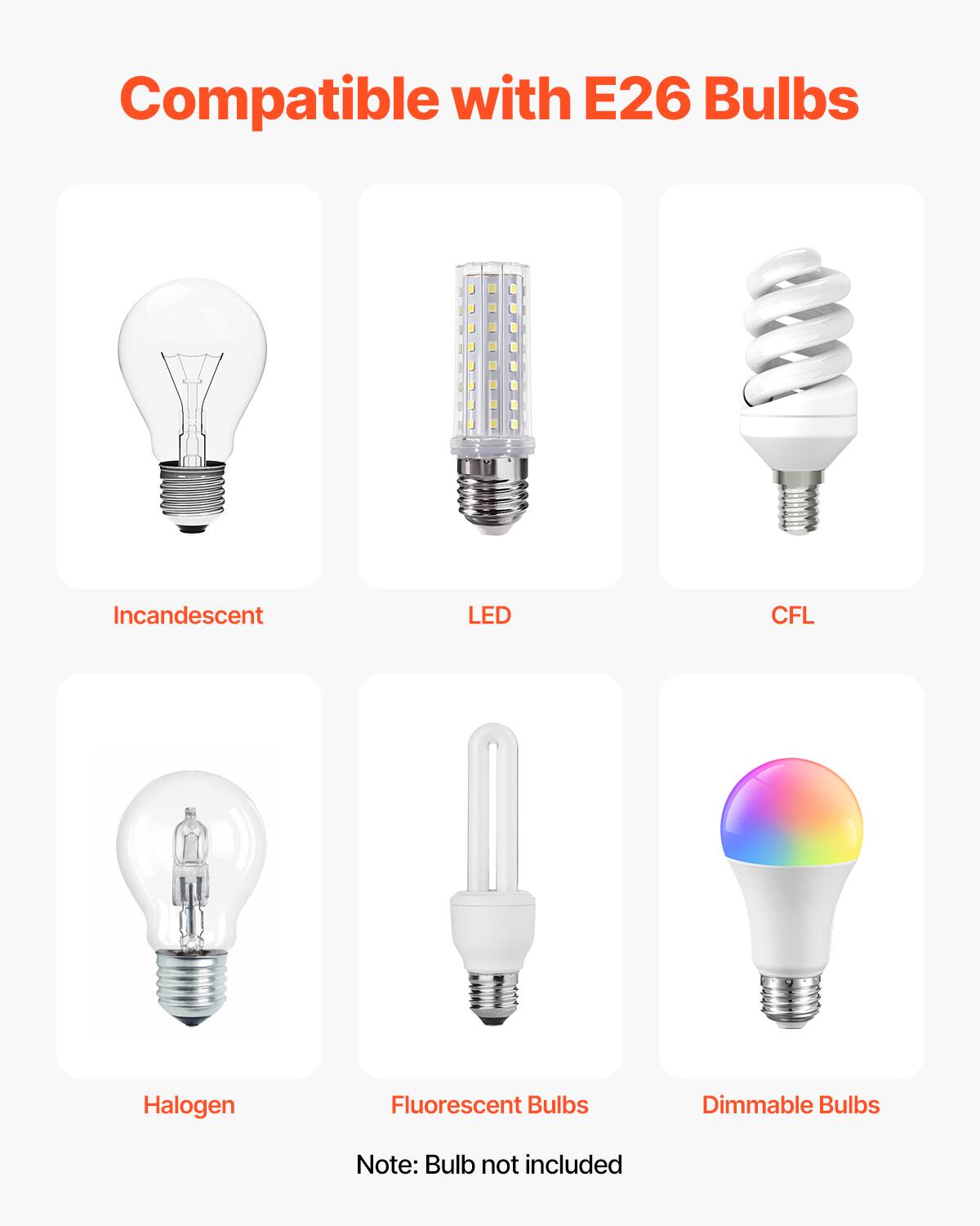 Compatible with E26 Bulbs

- Incandescent
- LED
- CFL
- Halogen
- Fluorescent Bulbs
- Dimmable Bulbs

Note: Bulb not included