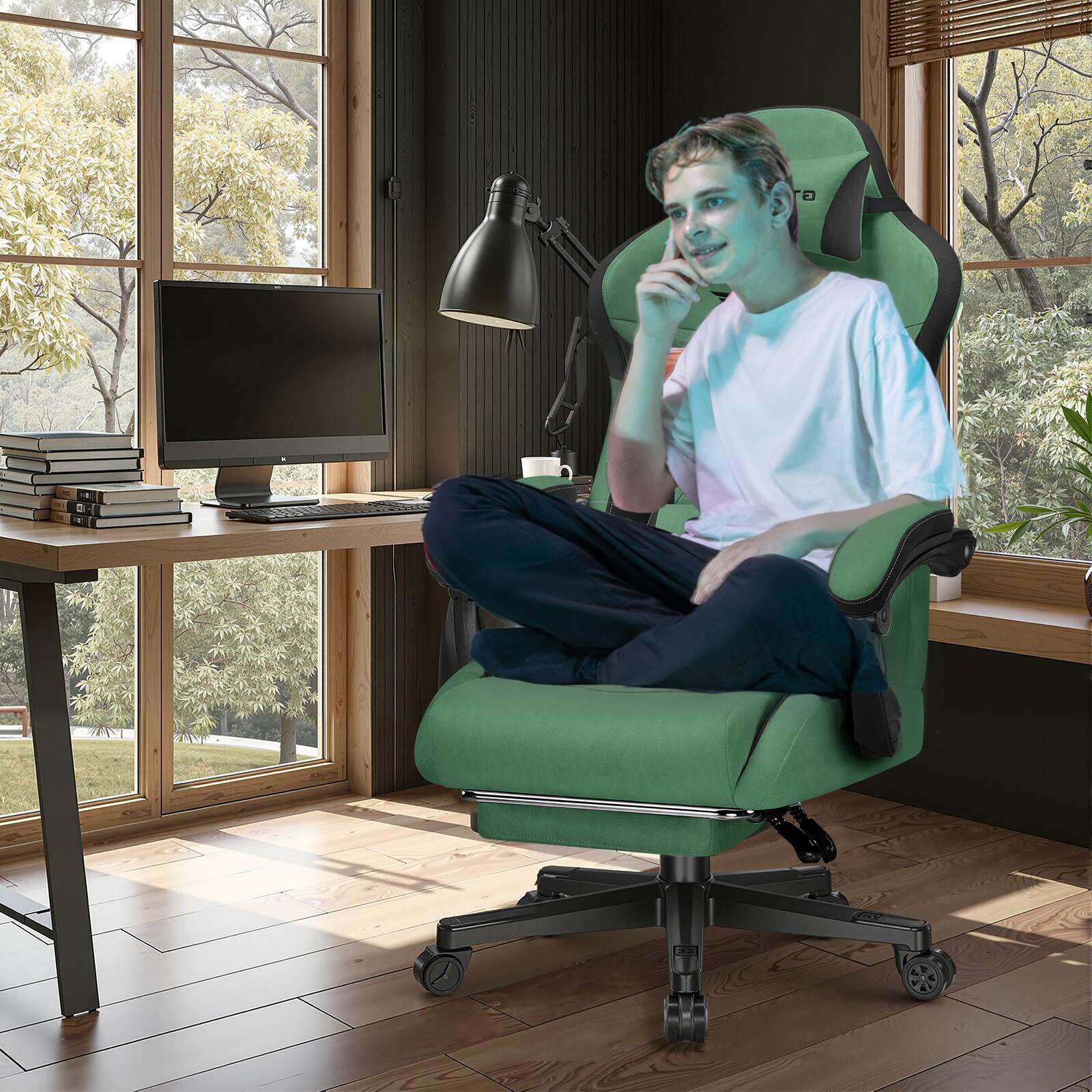 Alt View 4. GTPlayer - Gaming Chair with Extended Backrest Fabric Computer Chair,Green - Green.