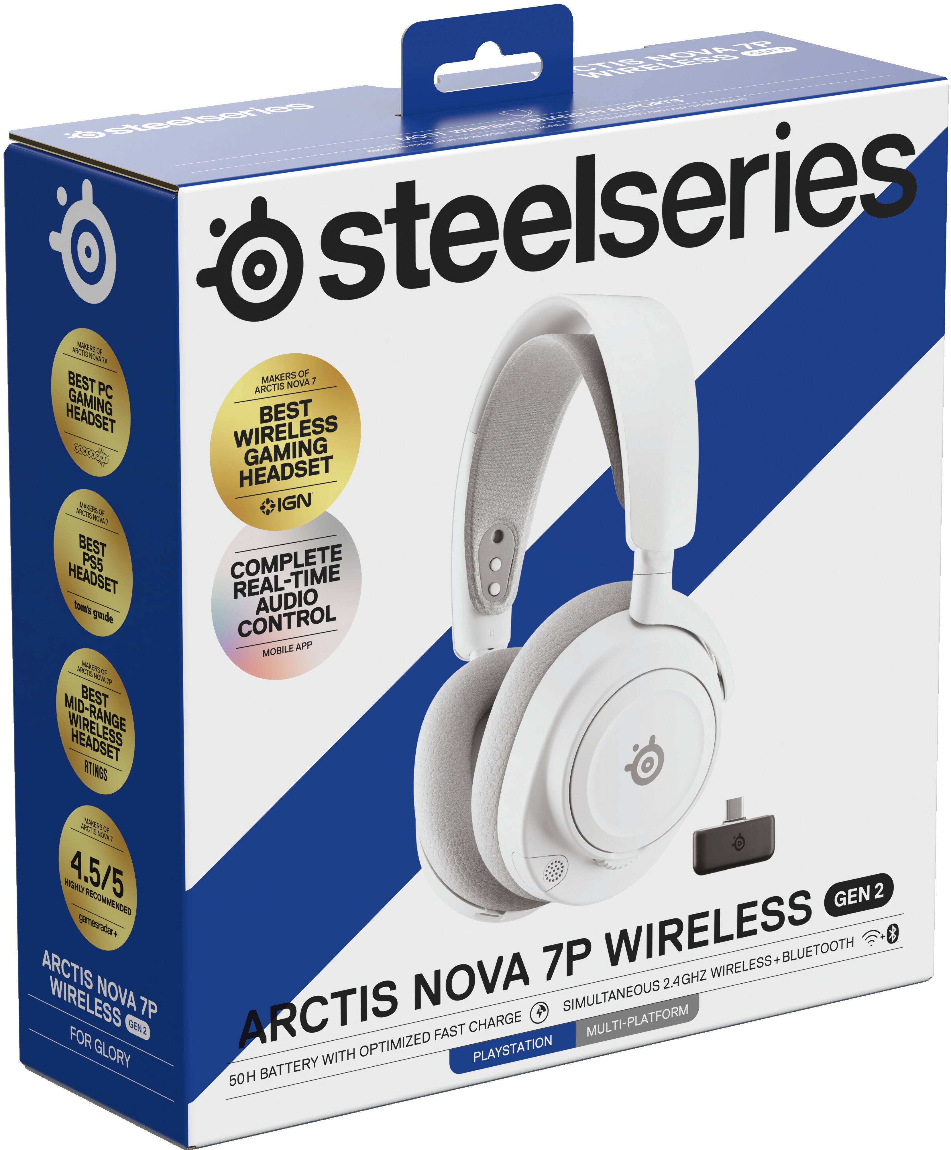 Sure, here is the corrected and grouped text from the image:

---

**SteelSeries**

**Arctis Nova 7P Wireless Gen 2**

- **Best PC Gaming Headset**  
  *IGN*

- **Best Wireless Gaming Headset**  
  *IGN*

- **Complete Real-Time Audio Control**  
  *Mobile App*

- **Best PS5 Headset**  
  *Tom's Guide*

- **Best Mid-Range Wireless Headset**  
  *RTINGS*

- **4.5/5 Highly Recommended**  
  *Gensat*

- **50H Battery with Optimized Fast Charge**

- **Simultaneous 2.4GHz Wireless + Bluetooth**

- **Multi-Platform**

- **PlayStation**

- **For Glory**

---

This text is organized to reflect the key features and accolades of the SteelSeries Arctis Nova 7P Wireless Gen 2 headset.