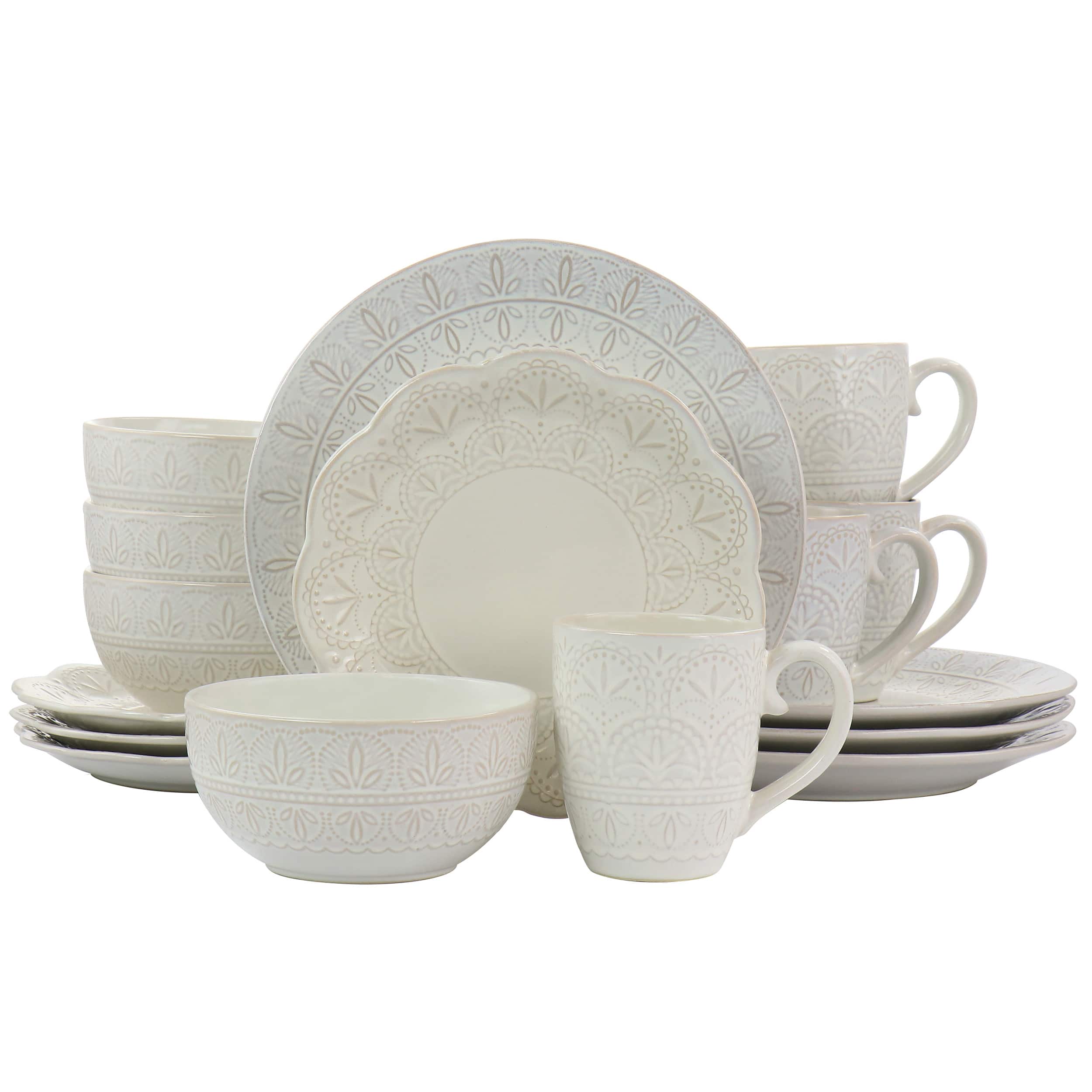 Front. Elama - Elama White Lace 16 Piece Luxurious Stoneware Dinnerware with Complete Setting for 4 - White.