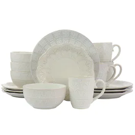 Elama - Lace 16 Piece Luxurious Stoneware Dinnerware with Complete Setting for 4 - White