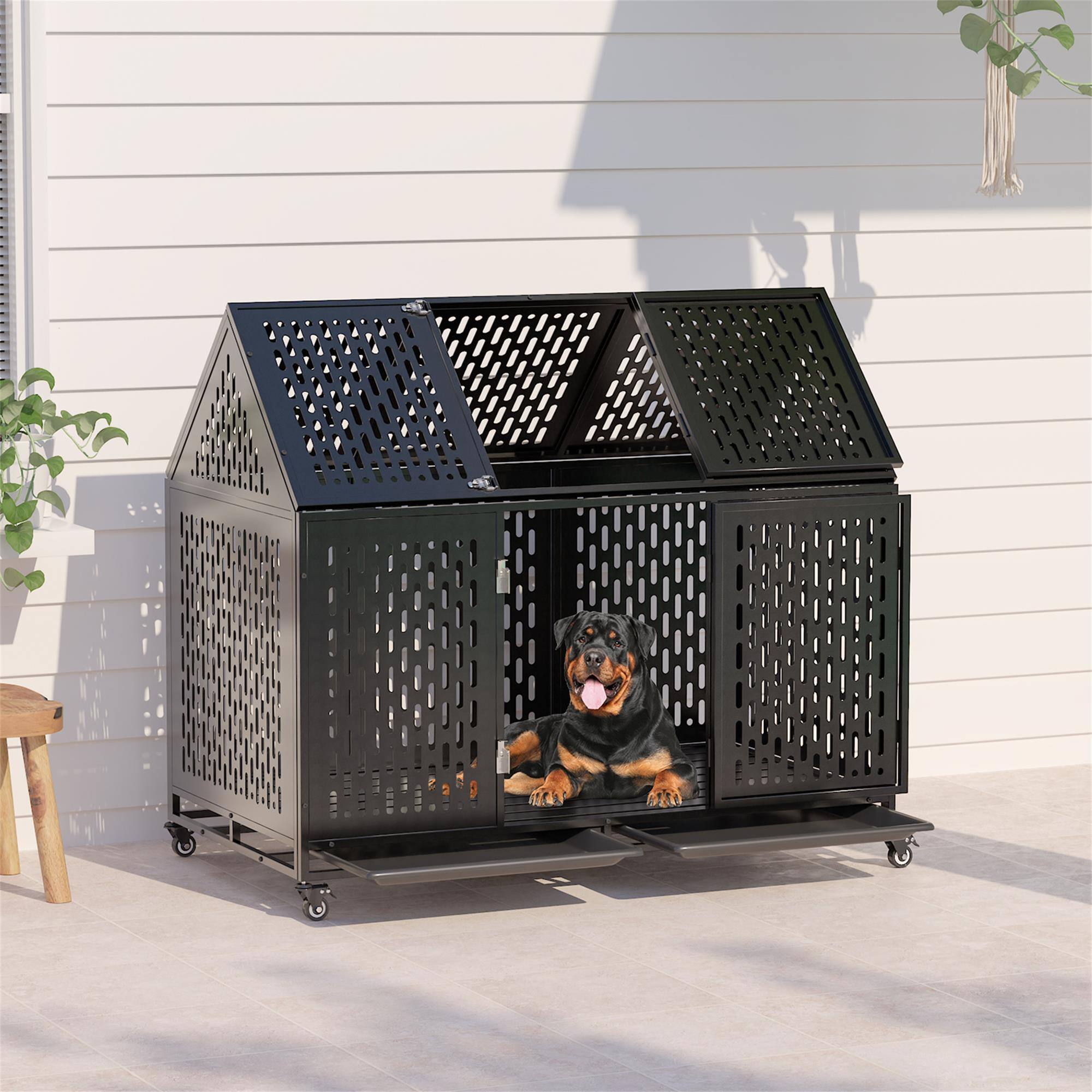 Angle. Boyel Living - Black 52 Inches Heavy Duty Dog Crate with Roof Top with Iron - Black.