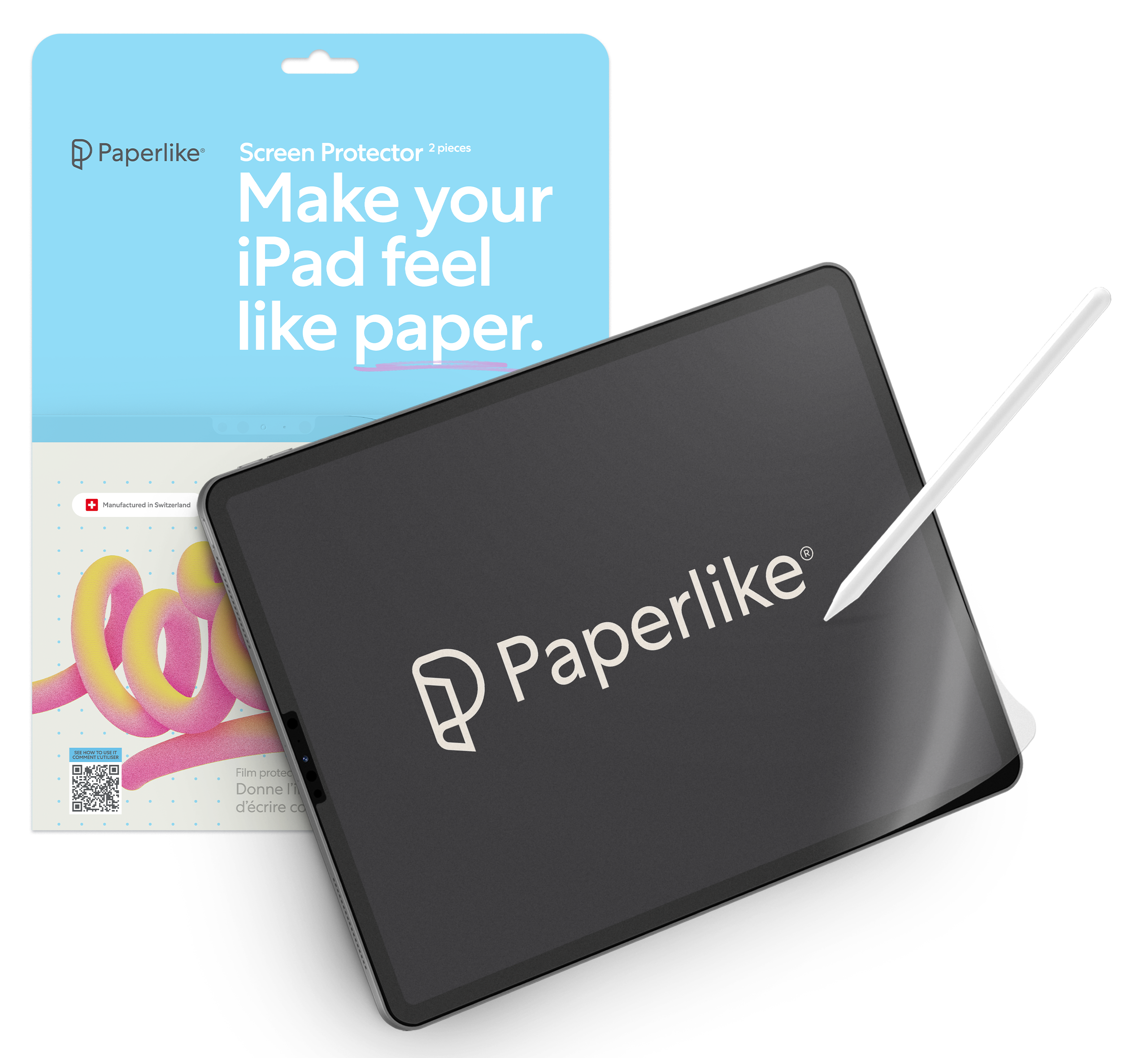 Screen Protector 2 pieces  
Make your iPad feel like paper.  

Film protec Donne l'écriture comme du papier.  

Manufactured in Switzerland