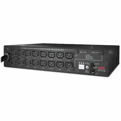 MAX CURRENT PER OUTLET: 2 AMPS
MAX CURRENT PER OUTLET BANK (OR BY 9 AMPS)
Bank 1: 1.6A
Bank 2: 1.6A
OUTPUT: 200-240 VAC 50/60Hz 24A
APC Metered Rack PDU
Bank 1, 6A
Bank 2, 6A
OUTPUT: 5000VA, 24A