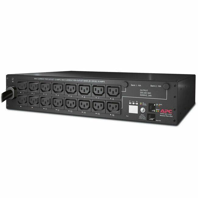 MAX CURRENT PER OUTLET: 2 AMPS  
MAX CURRENT PER OUTLET BANK (OR BY 9 AMPS)  

Bank 1: 1.6A  
Bank 2: 1.6A  

OUTPUT: 200-240 VAC 50/60Hz 24A  

APC Metered Rack PDU  

Bank 1, 6A  
Bank 2, 6A  

OUTPUT: 5000VA, 24A