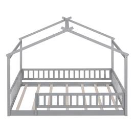 Whisen - Full Size House Bed Frame with Fence, Solid Pine Wood Cabin-Style Platform Bed for Kids & Teens - Gray