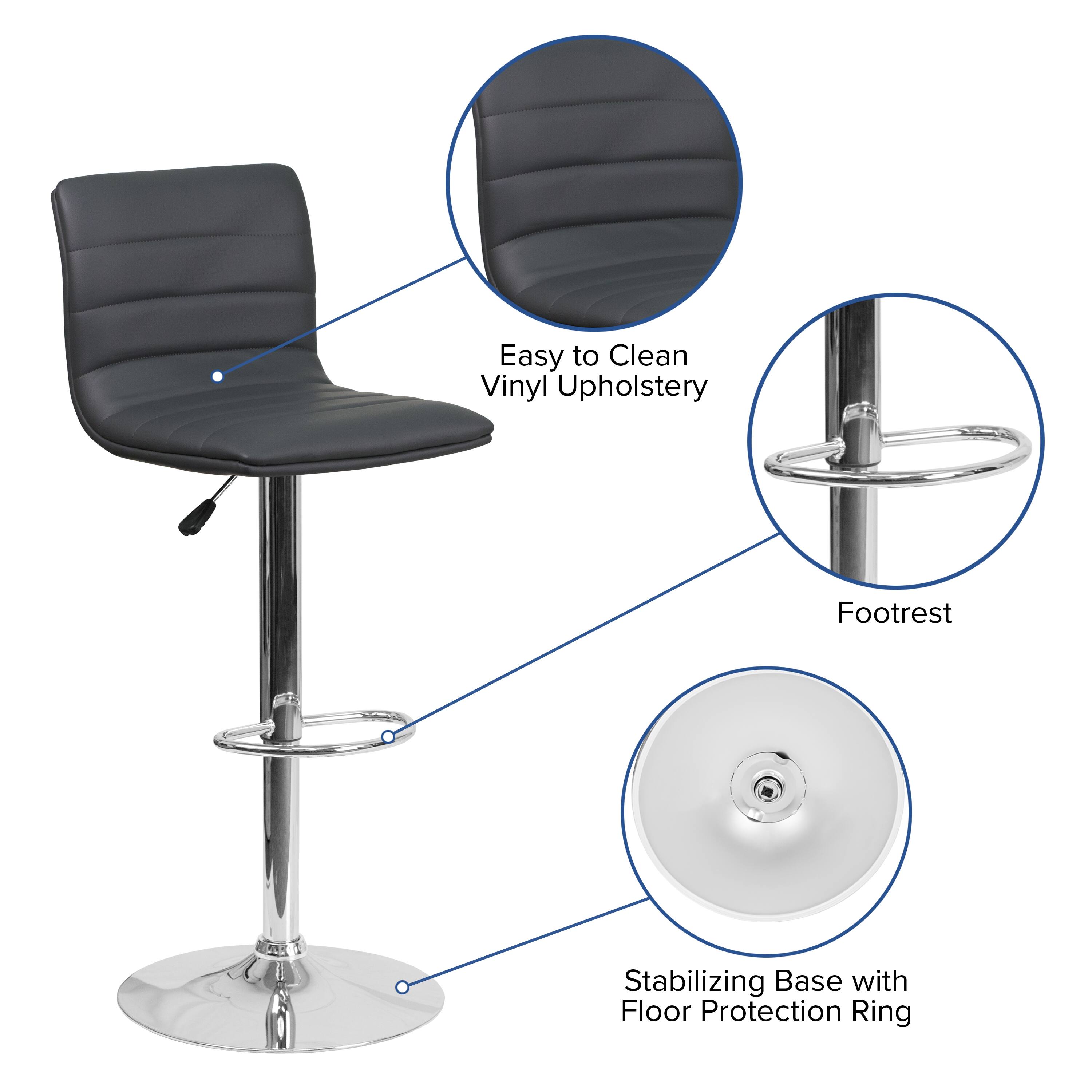 Alt View 12. Alamont Home - Modern Vinyl Adjustable Height Barstool with Horizontal Stitch Back - Gray.
