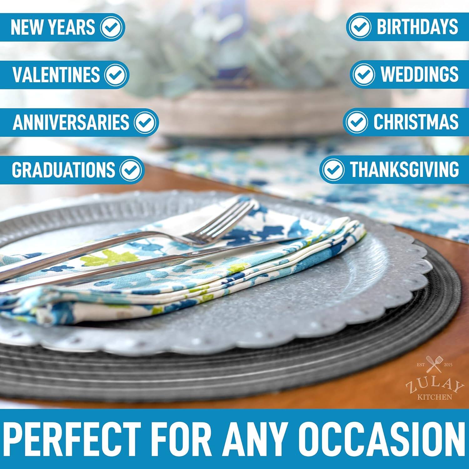The text in the image can be grouped and corrected as follows:

**Occasions:**
- New Years
- Birthdays
- Valentines
- Weddings
- Anniversaries
- Graduations
- Christmas
- Thanksgiving

**Additional Text:**
- Perfect for any occasion

**Brand:**
- Zulay Kitchen