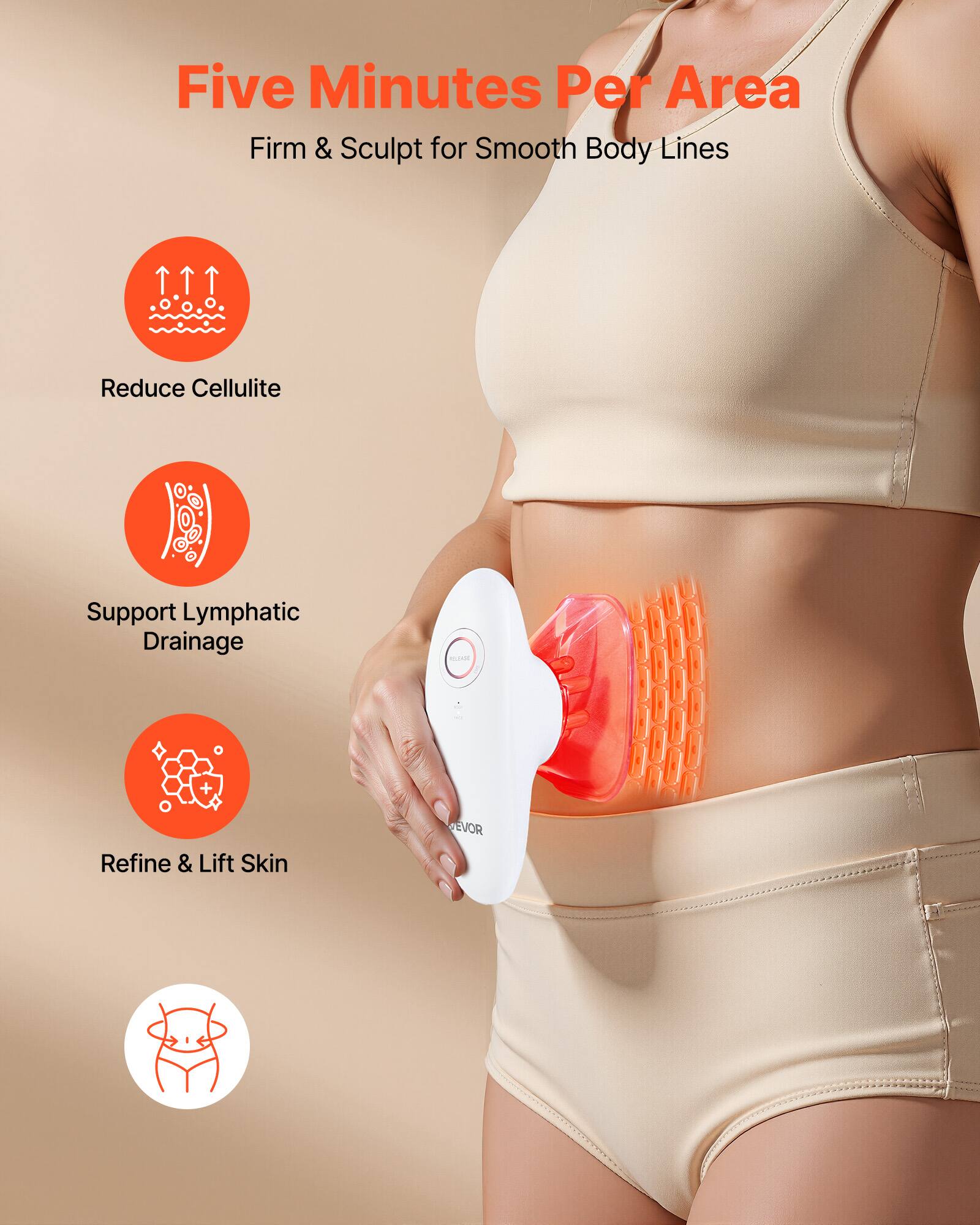 Five Minutes Per Area  
Firm & Sculpt for Smooth Body Lines  

- Reduce Cellulite  
- Support Lymphatic Drainage  
- Refine & Lift Skin