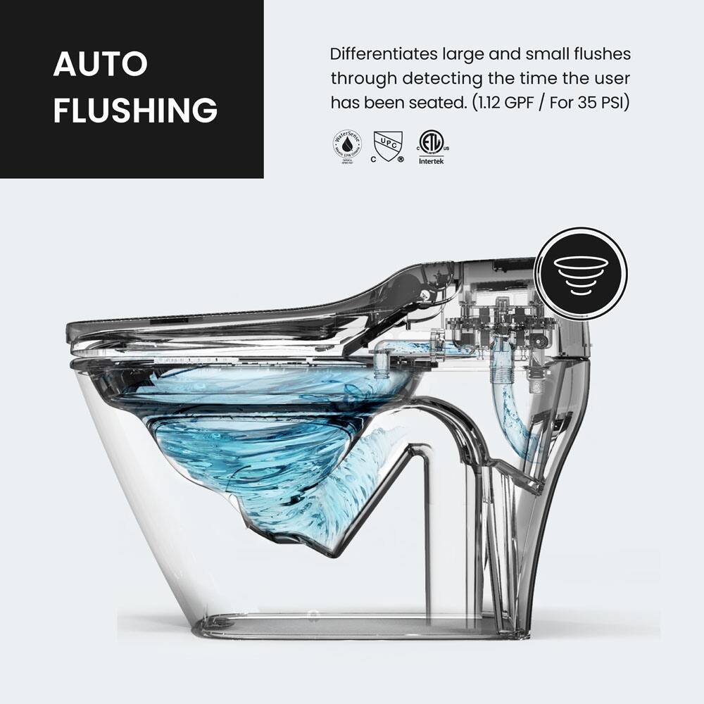 AUTO FLUSHING

Differentiates large and small flushes through detecting the time the user has been seated. (1.12 GPF / For 35 PSI)

UFC ETL uN Intertek