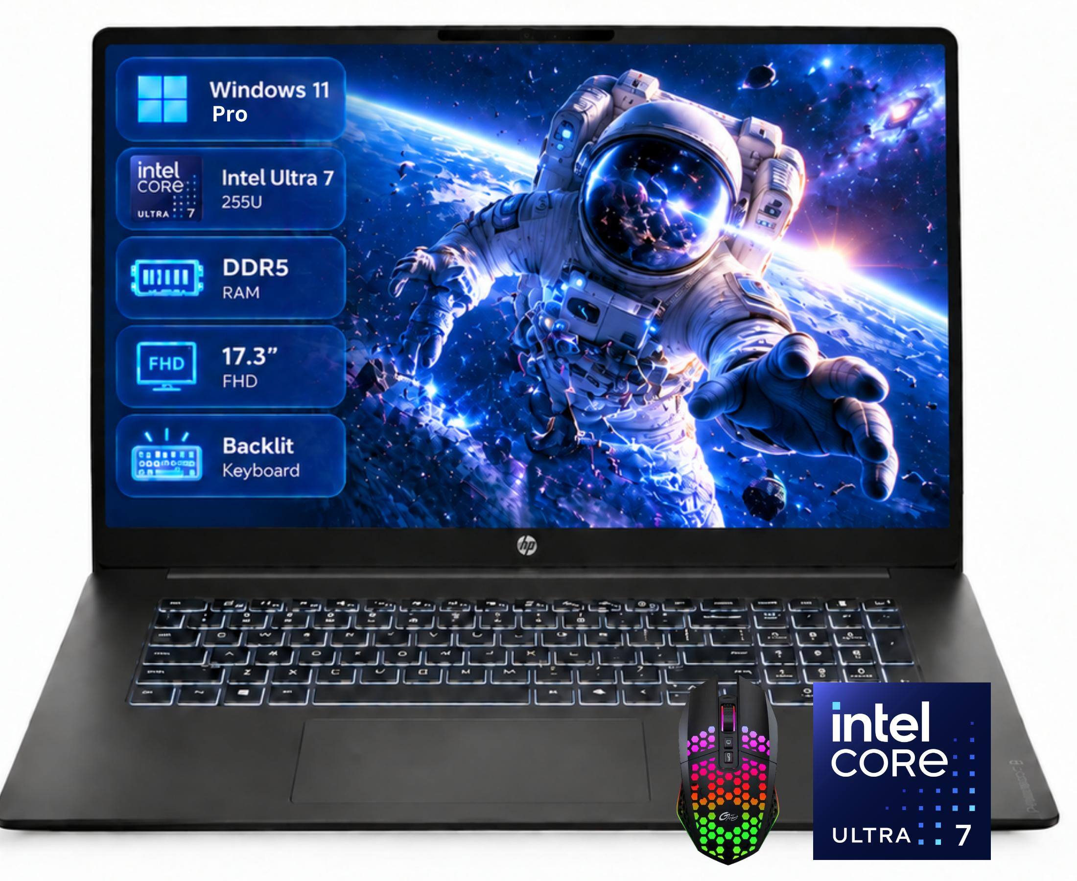 Windows 11 Pro  
Intel Core Ultra  
Intel Ultra 7 255U  
DDR5 RAM  
17.3" FHD  
Backlit Keyboard  
hp  
Intel Core Ultra 7