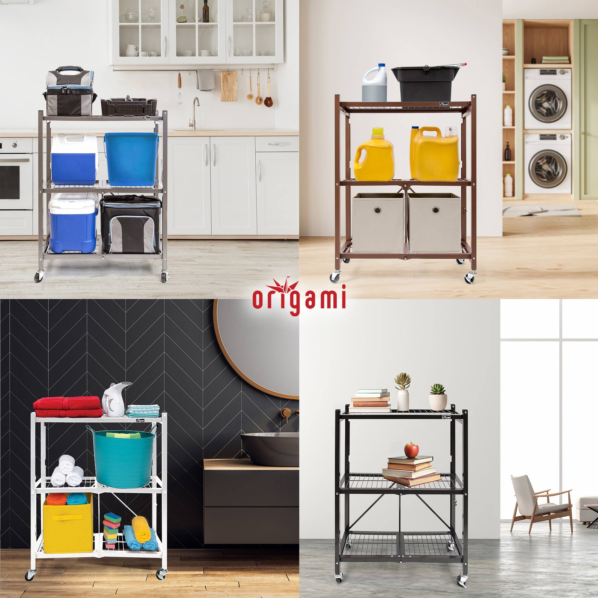 Alt View 2. Origami - Origami R3 3 Tier Heavy Duty Foldable Rolling Garage Shelving with Wheels, White - White.