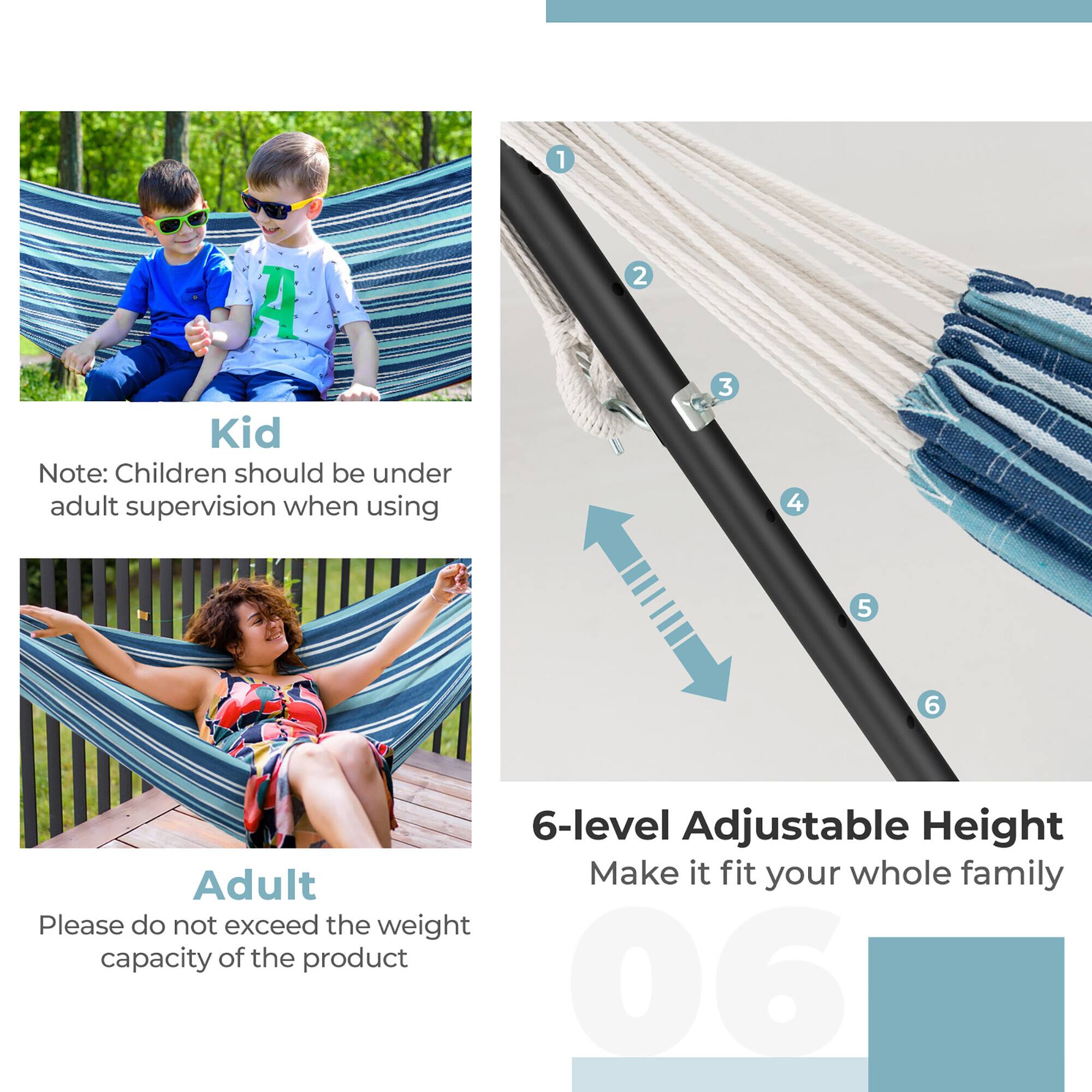 1. Kid
   - Note: Children should be under adult supervision when using

2. Adult
   - Please do not exceed the weight capacity of the product

3. 6-level Adjustable Height
   - Make it fit your whole family