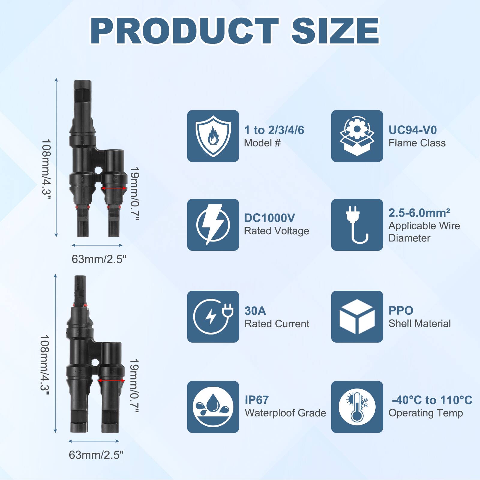 PRODUCT SIZE  
108mm/4.3"  
19mm/0.7"  

1 to 2/3/4/6  
Model # DC1000V  
Rated Voltage  
UC94-VO Flame Class  
2.5-6.0mm Applicable Wire Diameter  

63mm/2.5"  
108mm/4.3"  
19mm/0.7"  

30A Rated Current  
IP67 Waterproof Grade  
PPO Shell Material  
-40°C to 110°C Operating Temp