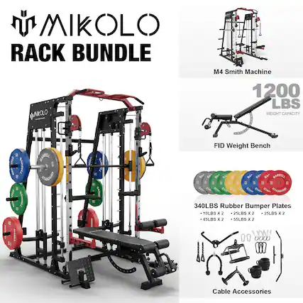 MIKOLO RACK BUNDLE
M4 Smith Machine
1200 LBS WEIGHT CAPACITY
FID Weight Bench
340LBS Rubber Bumper Plates
10LBS x 2
25LBS x 2
35LBS x 2
45LBS x 2
55LBS x 2
Cable Accessories