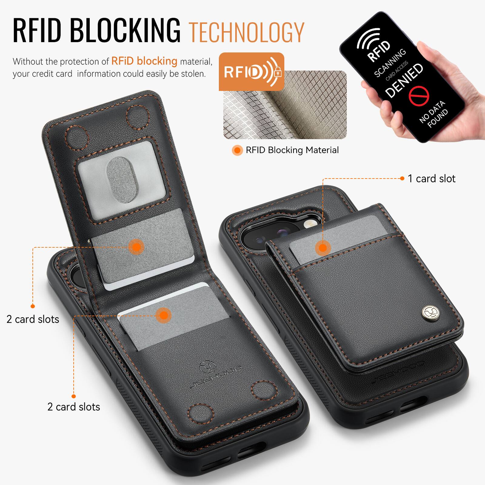RFID BLOCKING TECHNOLOGY

Without the protection of RFID blocking material, your credit card information could easily be stolen.

RFID Blocking Material

1 card slot

2 card slots

2 card slots