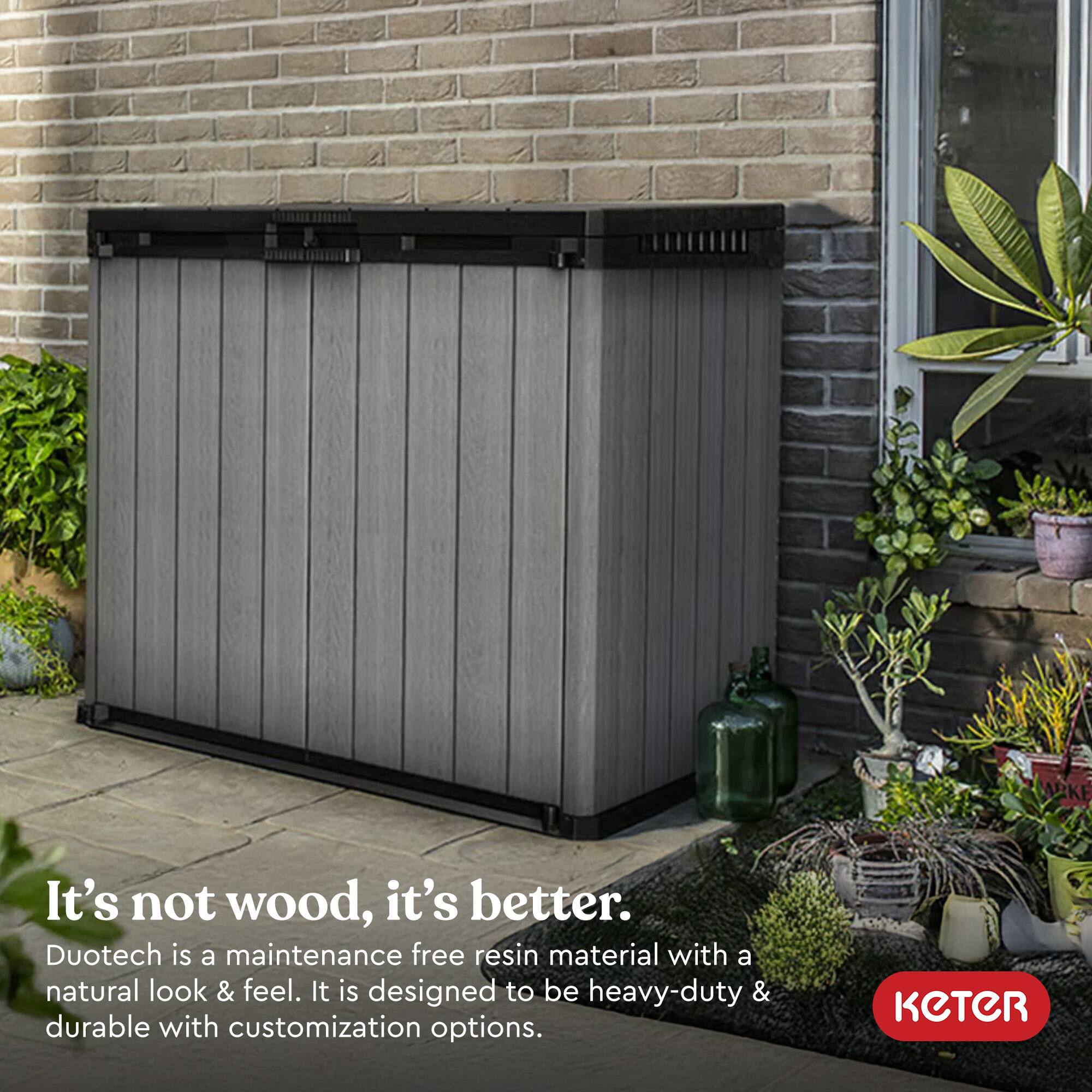 It's not wood, it's better.  
Duotech is a maintenance-free resin material with a natural look & feel. It is designed to be heavy-duty & durable with customization options.  
KETER