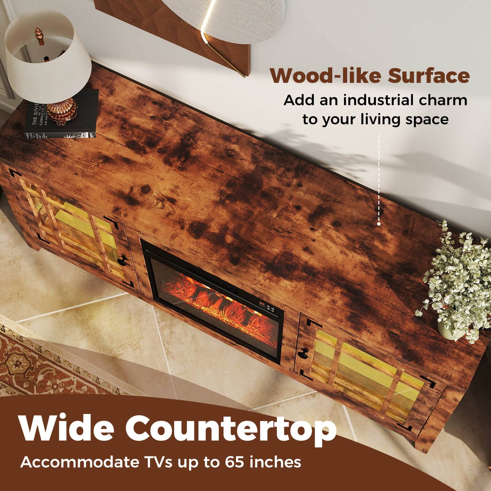 Wood-like Surface  
Add an industrial charm to your living space  

Wide Countertop  
Accommodate TVs up to 65 inches