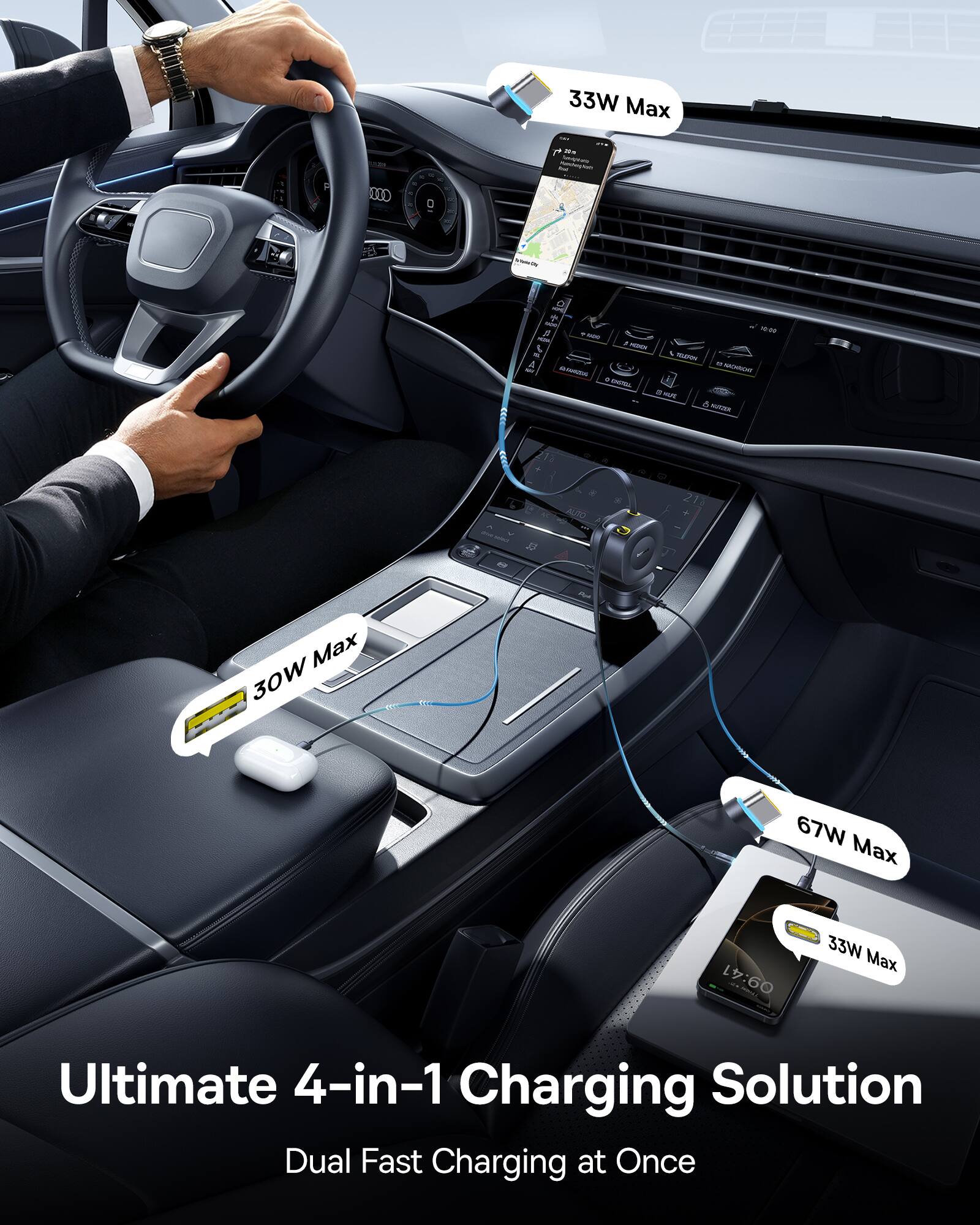 Ultimate 4-in-1 Charging Solution  
Dual Fast Charging at Once  

33W Max  
30W Max  
67W Max  
33W Max