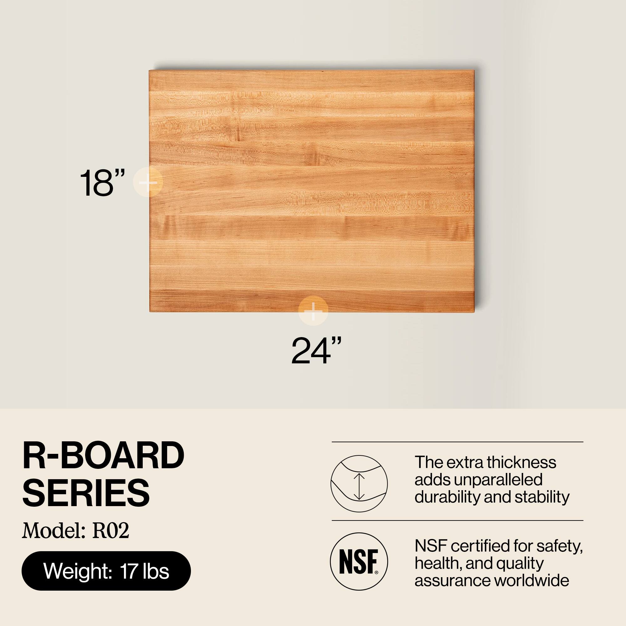 18" x 24" R-BOARD SERIES  
Model: R02  
Weight: 17 lbs  

The extra thickness adds unparalleled durability and stability  
NSF certified for safety, health, and quality assurance worldwide