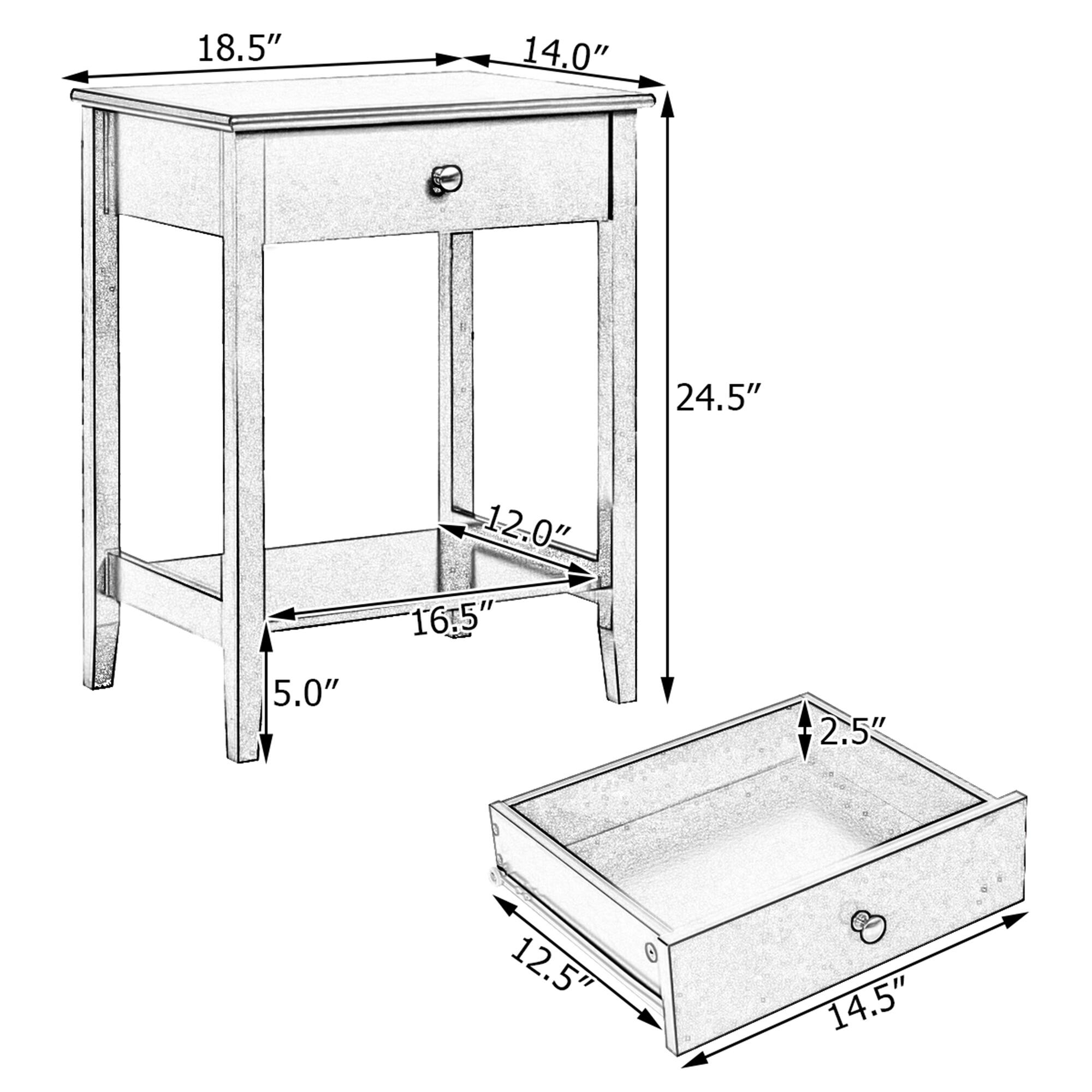 The corrected and grouped dimensions from the image are:

- Width: 18.5"
- Depth: 14.0"
- Height: 24.5"
- Drawer Width: 12.5"
- Drawer Depth: 14.5"
- Drawer Height: 2.5"
- Leg Width: 5.0"
- Leg Height: 16.5"
