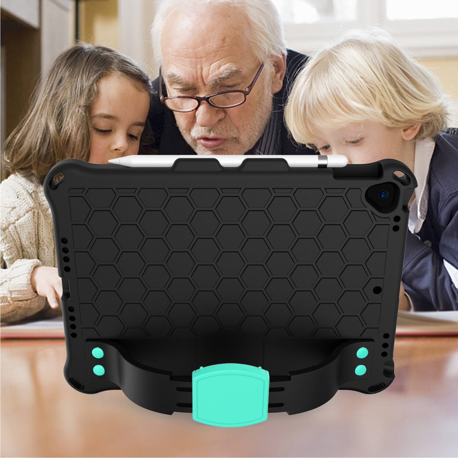 Alt View 2. UUCOVER - Kids Case for iPad 9th 8th 7th Gen 10.2-inch (2021/2020/2019) Shockproof EVA+TPU Stand Cover with Shoulder Strap - Black + Mint.