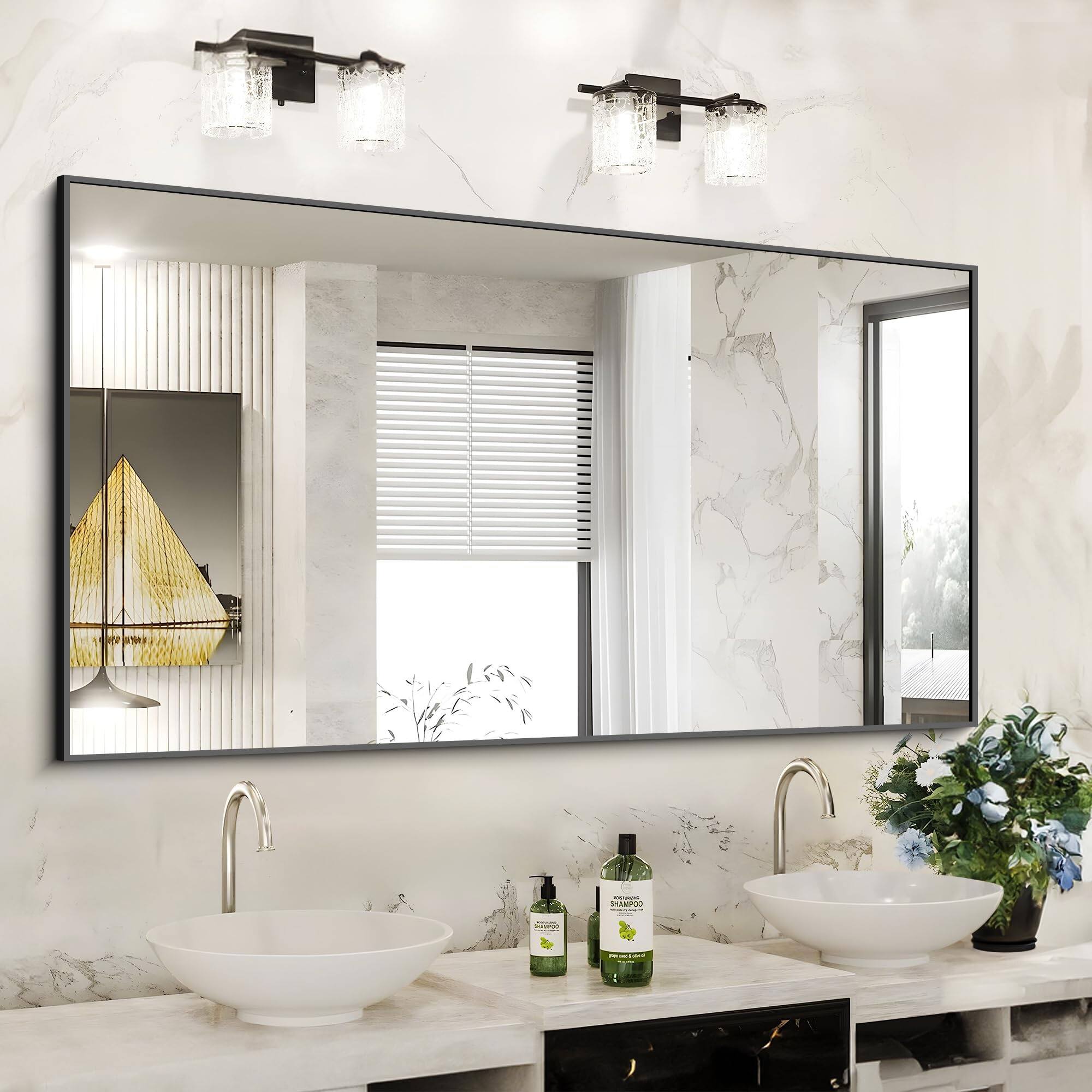 Cedar Assembly - Wall Mounted Mirror Square Bathroom For Over Sink Vanity Aluminum Framed Decorative Bedroom Living Room F - Black-36"L x 40"W