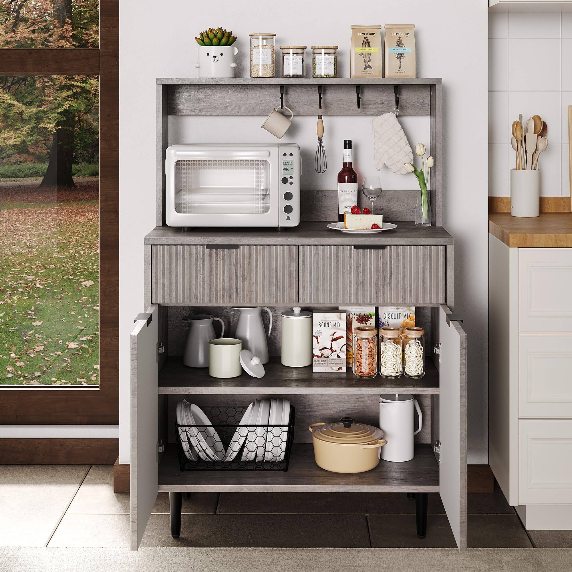 Acekool - Fluted Sideboard Buffet Cabinet with Storage, Modern Coffee Bar Cabinet with Adjustable Shelve,Wood Buffet Console Table - Gray