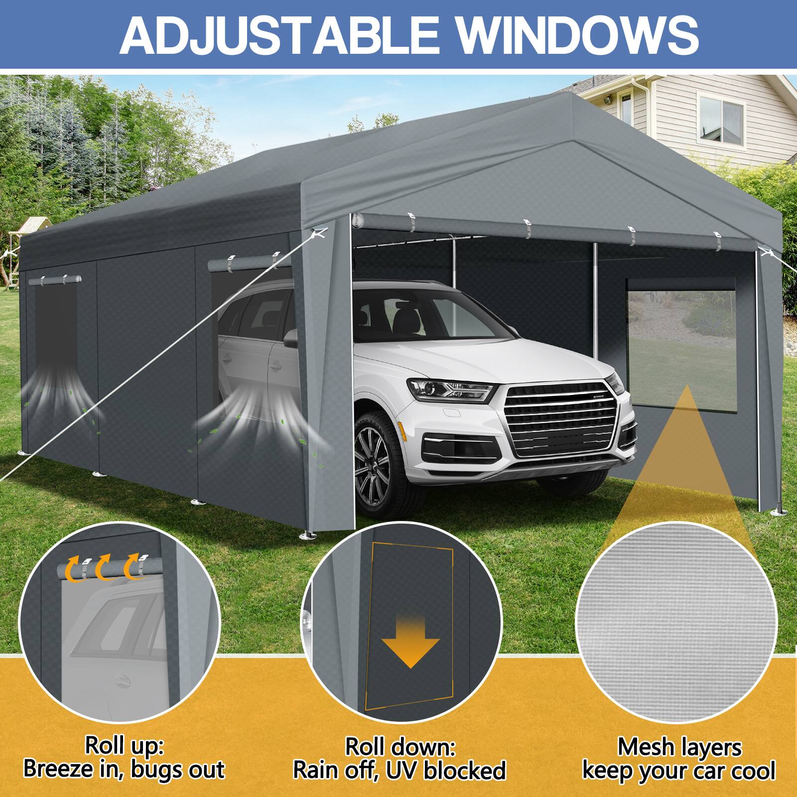 ADJUSTABLE WINDOWS

Roll up: Breeze in, bugs out

Roll down: Rain off, UV blocked

Mesh layers keep your car cool