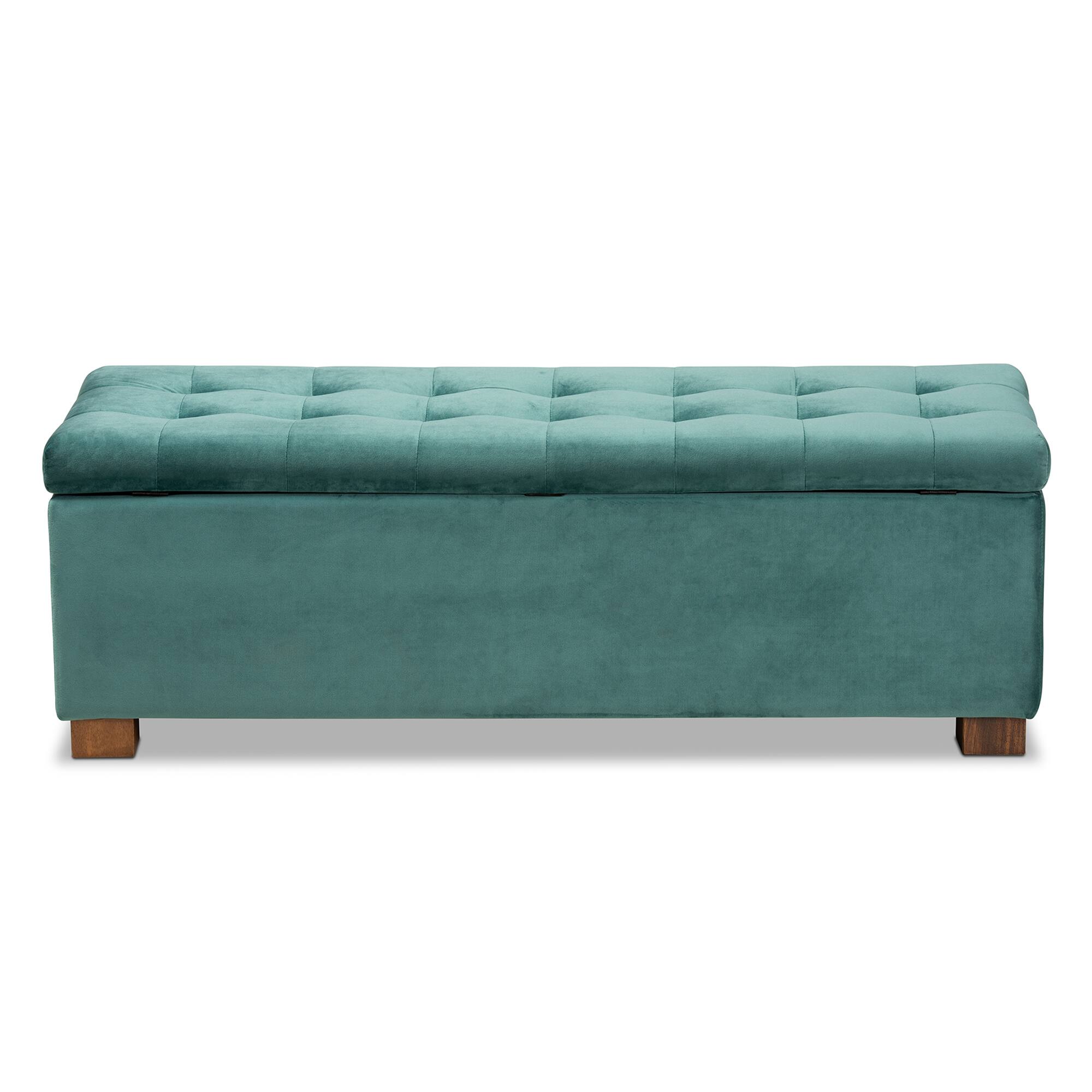 Alt View 1. Baxton Studio - Roanoke Modern and Contemporary Velvet Fabric Upholstered Grid-Tufted Storage Ottoman Bench - Teal Blue/Brown.