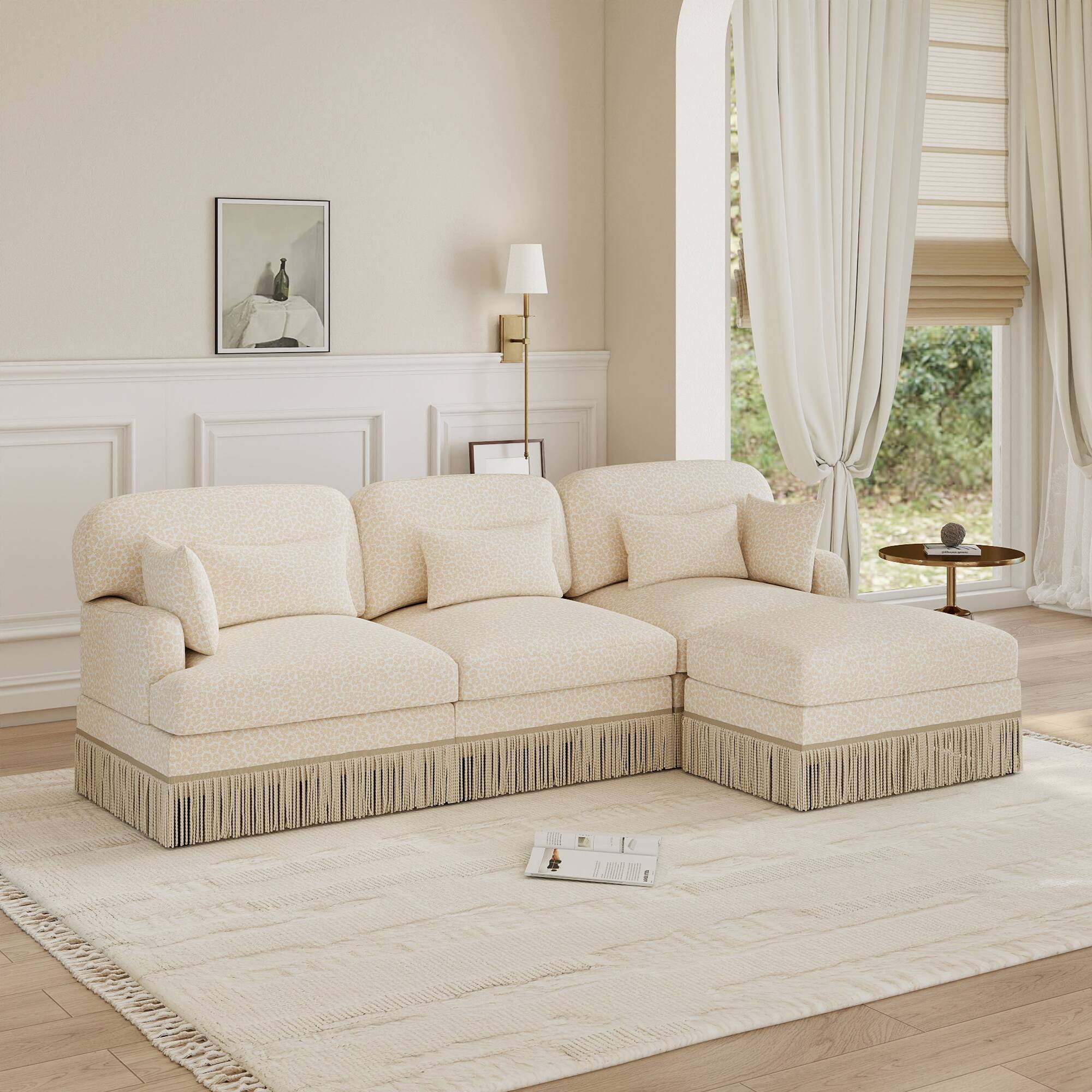 Left. Anysun - Modern Fashion Style L-Shaped Chenille Leopard Print Sofa with Movable Ottoman & Tassel Edge, Easy Assembly, Deep Seat - Beige.