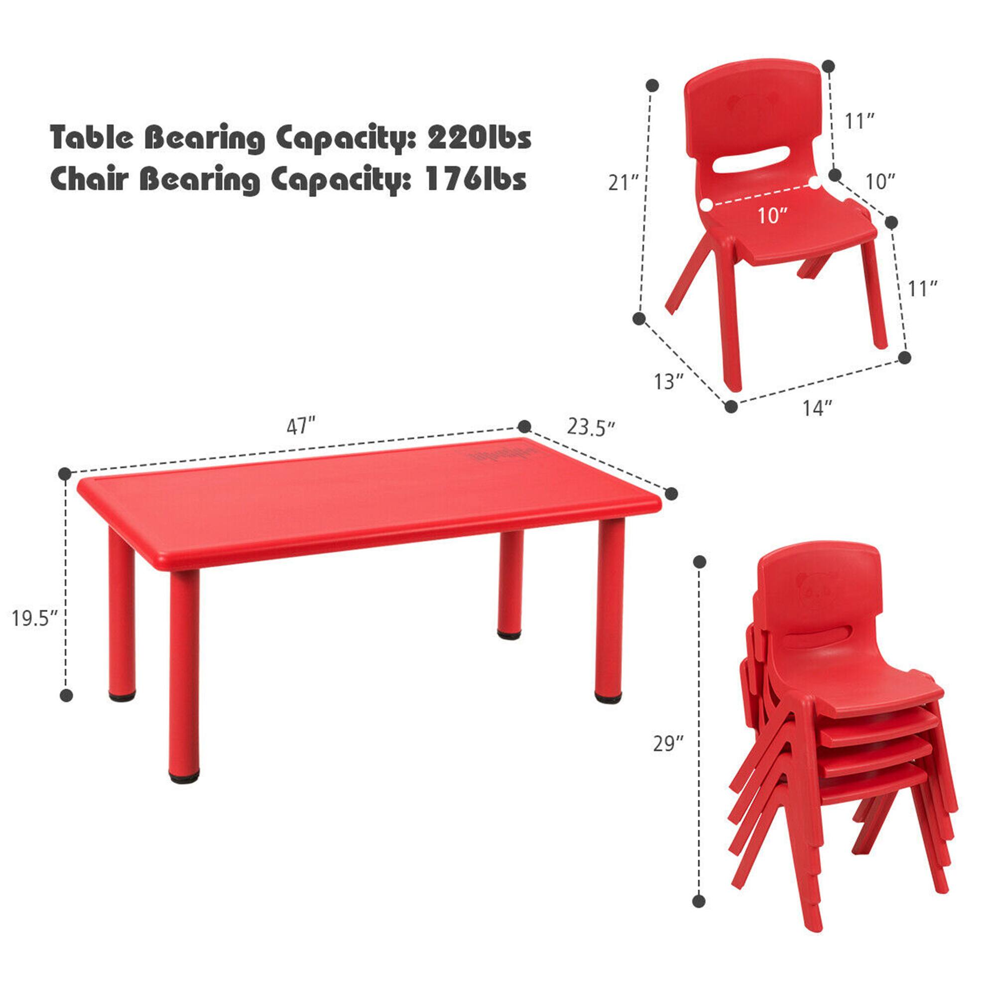 Table Bearing Capacity: 220lbs  
Chair Bearing Capacity: 176lbs  

Dimensions:  
- Table: 47" x 23.5" x 19.5"  
- Chair: 21" x 13" x 14" x 11" x 10" x 11"  
- Height: 29"