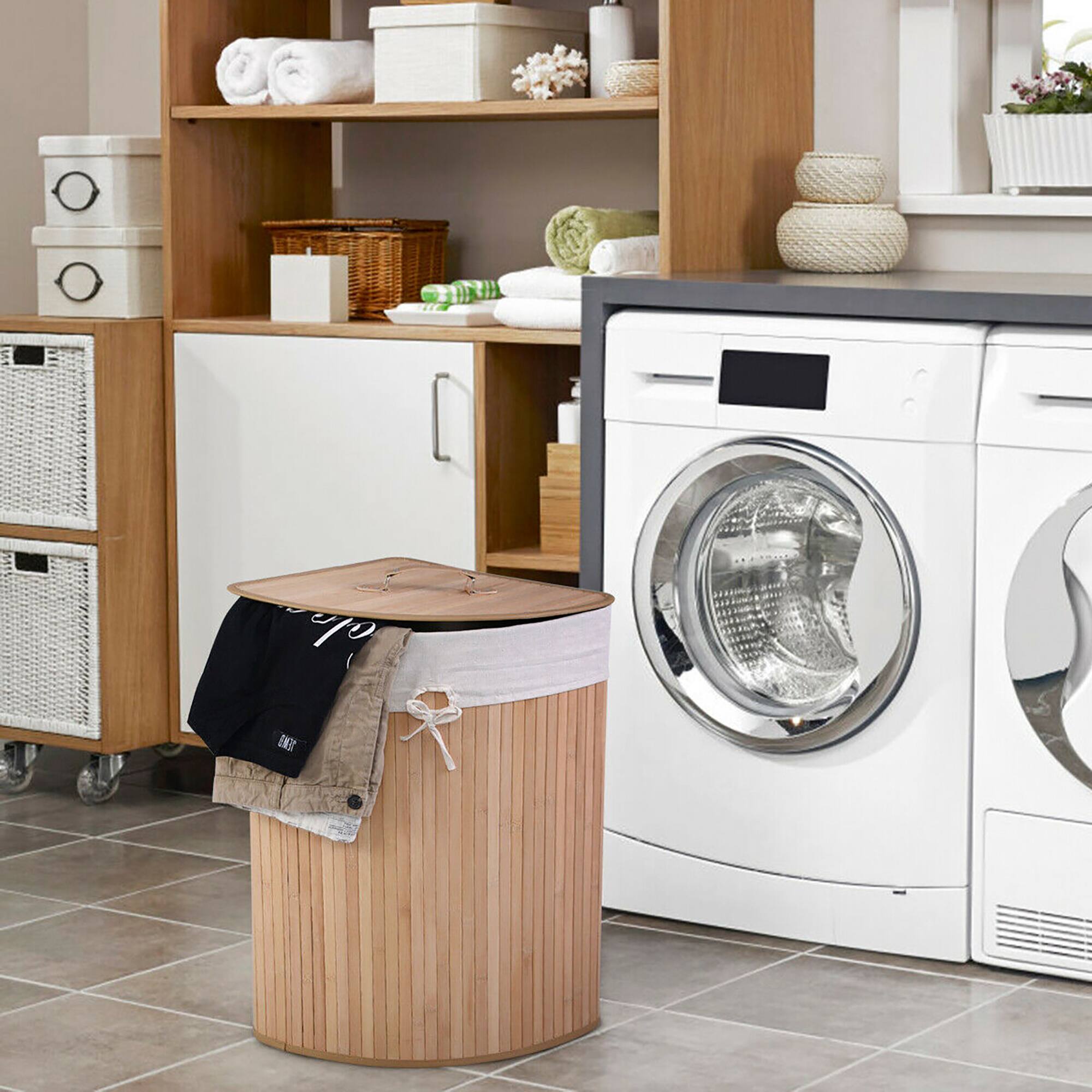 Alt View 12. Costway - Corner Bamboo Hamper Laundry Basket Washing Cloth Bin Storage Bag Lid - Natural.