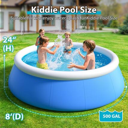 Kiddie Pool Size
Suitable for kids to enjoy water splash fun
24" (H)
8' (D)
500 GAL