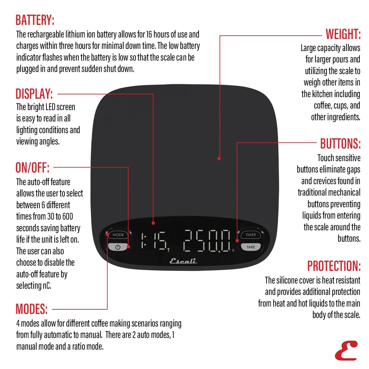 BATTERY: The rechargeable lithium ion battery allows for 16 hours of use and charges within three hours for minimal down time. The low battery indicator flashes when the battery is low so that the scale can be plugged in and prevent sudden shut down.

WEIGHT: Large capacity allows for larger pours and utilizing the scale to weigh other items in the kitchen including coffee, cups, and other ingredients.

DISPLAY: The bright LED screen is easy to read in all lighting conditions and viewing angles.

ON/OFF: The auto-off feature allows the user to select between 6 different times from 30 to 600 seconds saving battery life if the unit is left on. The user can also choose to disable the auto-off feature by selecting NC.

BUTTONS: Touch sensitive buttons eliminate gaps and crevices found in traditional mechanical buttons preventing liquids from entering the scale around the buttons.

MODE: 2500g

TARE

PROTECTION: The silicone cover is heat resistant and provides additional protection from heat and hot liquids to the main body of the scale.