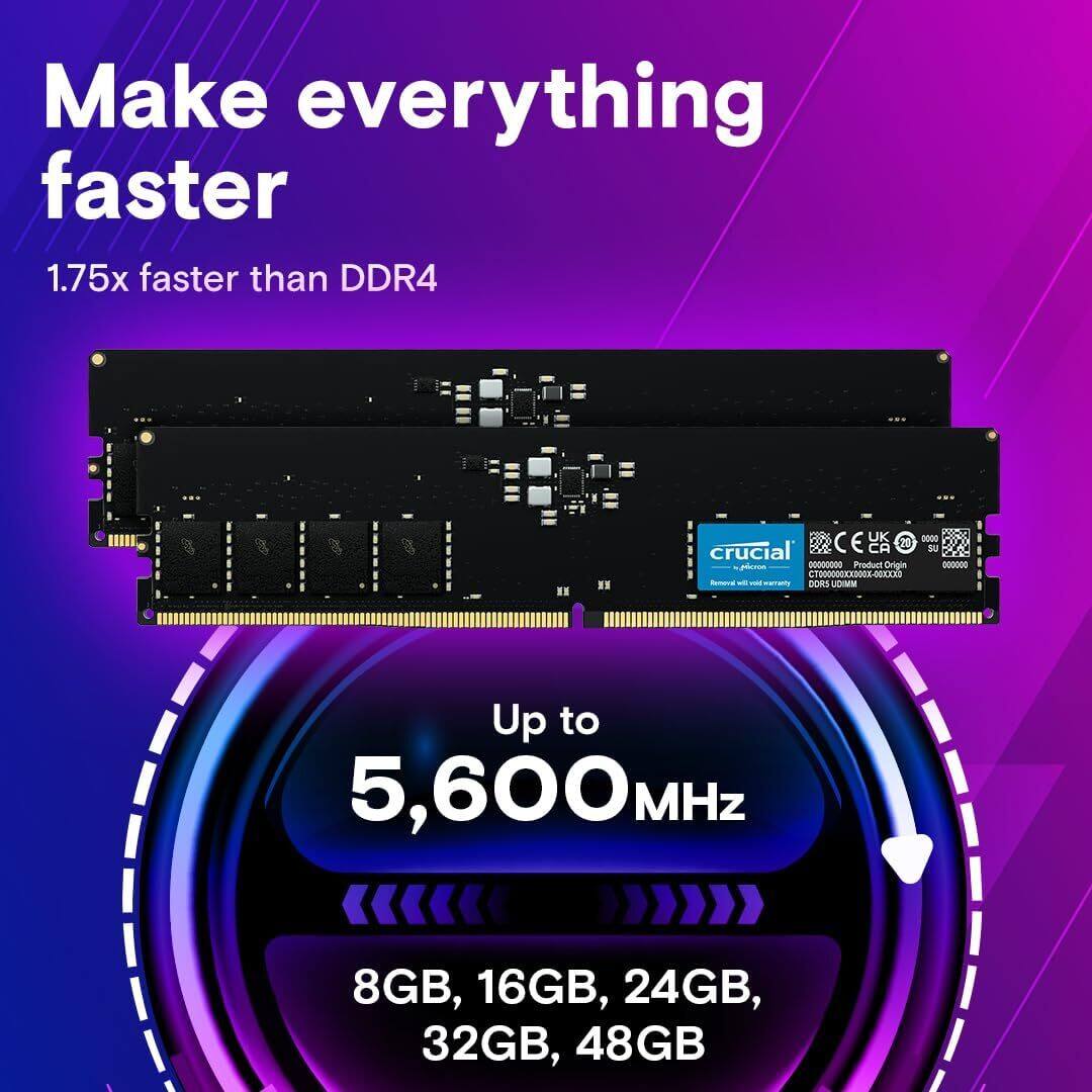 Make everything faster  
1.75x faster than DDR4  

Up to 5,600 MHz  
8GB, 16GB, 24GB, 32GB, 48GB
