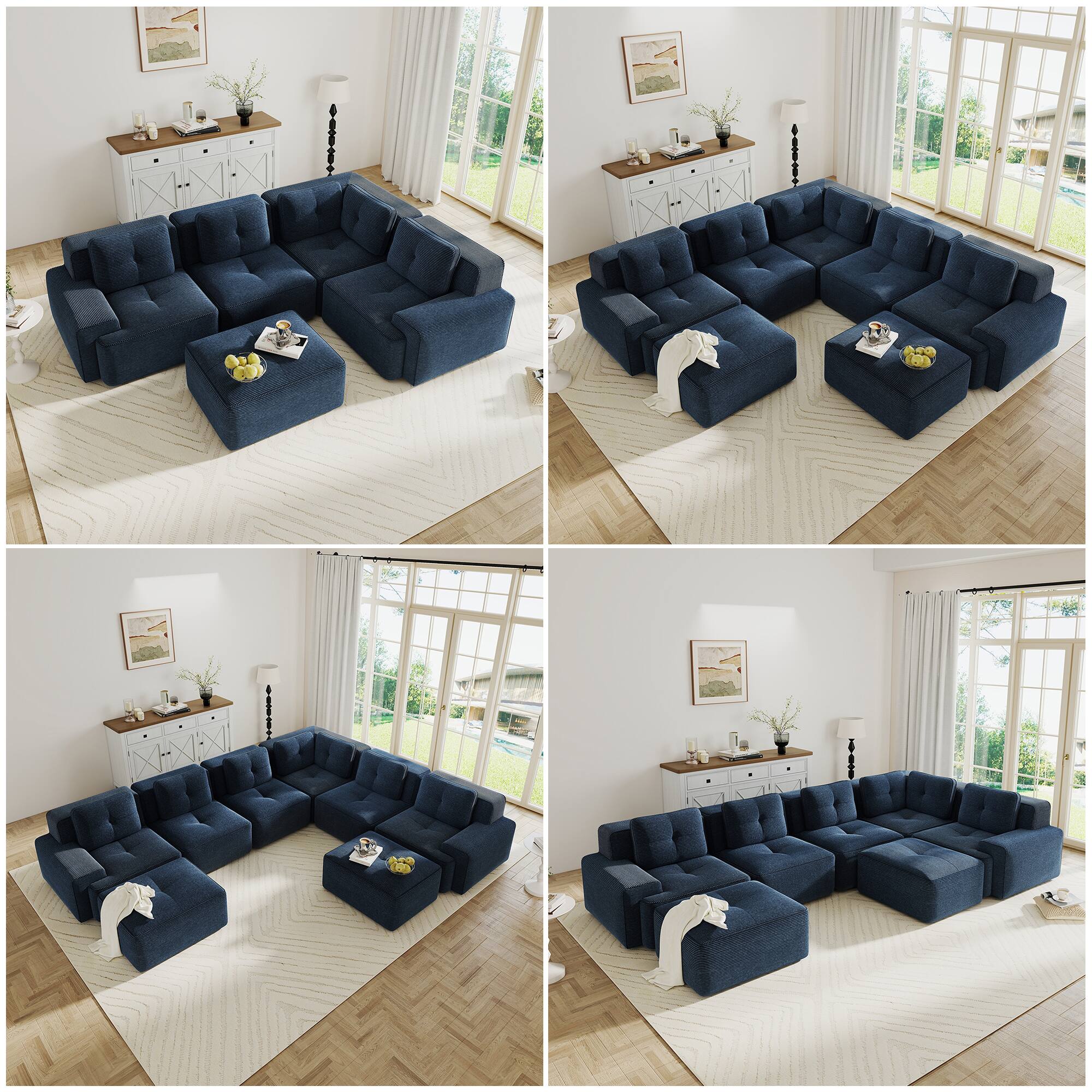 Alt View 7. Anysun - 82" L-Shape Corduroy Sectional Sofa with Ottoman - 2-Seat Deep-Seat Couch, Pearl Piping, Tufted, No Assembly - Blue.